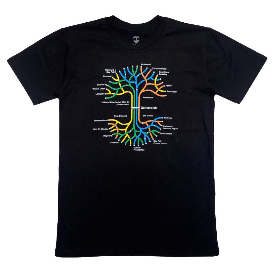 The BART Tree Tee by Oaklandish is a classic fit t-shirt made from 100% cotton, featuring a tree-inspired graphic with multicolored branches that resemble a BART map. Each branch is adorned with station names like "Metro Center" and "Hunter's Point" in white text, while the trunk prominently displays "Oaklandish" in white.