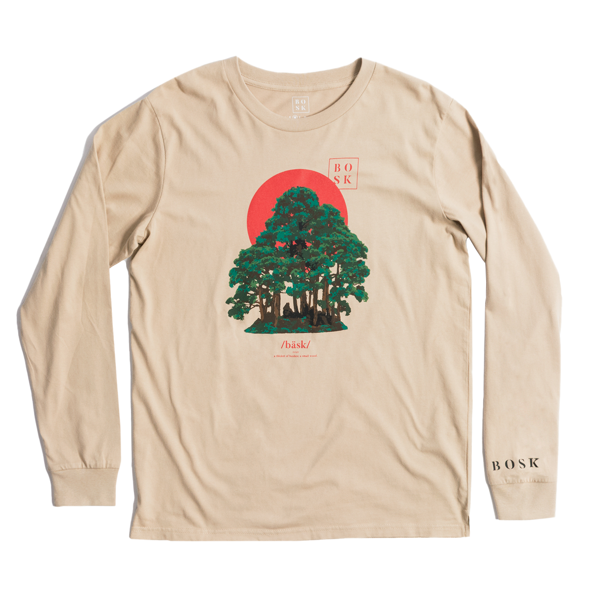 The Rising Sun LS Tee is a beige long-sleeve t-shirt featuring a green tree with a backdrop of a red sun. The word "BOSK" appears vertically at the top right and is also elegantly printed in black on the left sleeve cuff, while the brand name sits at the base of the tree. Designed for men's classic fit to ensure comfort.