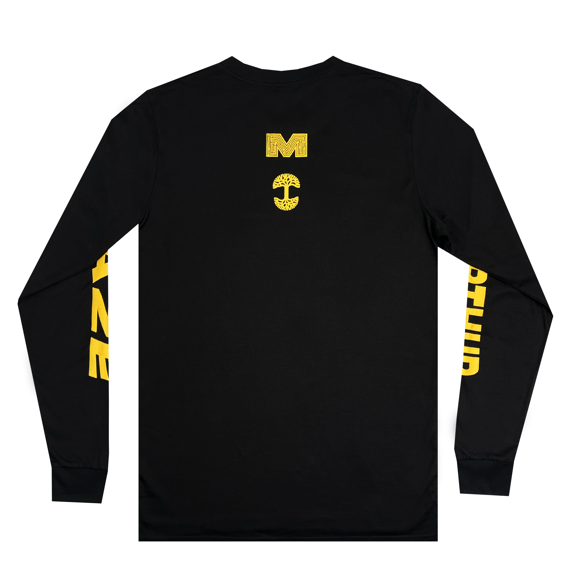 The MacArthur Maze x Oaklandish LS Tee from Oaklandish is a black long-sleeve t-shirt featuring a block-style "M" in yellow above a circular emblem on the back. Yellow text celebrating MacArthur Maze wraps around both sleeves from shoulder to wrist. This crew neck shirt with ribbed cuffs is perfect for First Friday events.