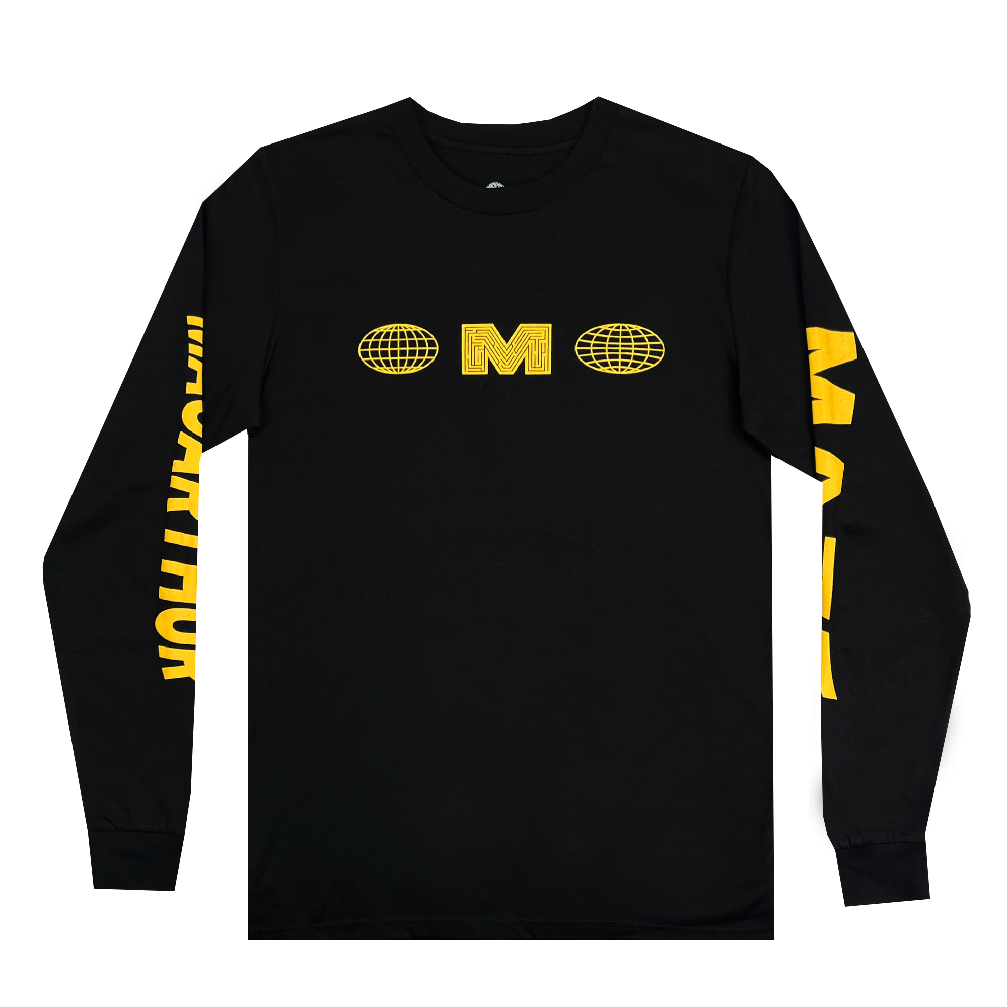 Introducing the MacArthur Maze x Oaklandish LS Tee by Oaklandish: A black long-sleeved T-shirt adorned with striking yellow graphics. The front features a central design with two grid-patterned globes flanking a stylized "M" in the middle, reminiscent of the iconic MacArthur Maze. The word "MARATHON" is boldly printed vertically down both sleeves in vibrant yellow letters.