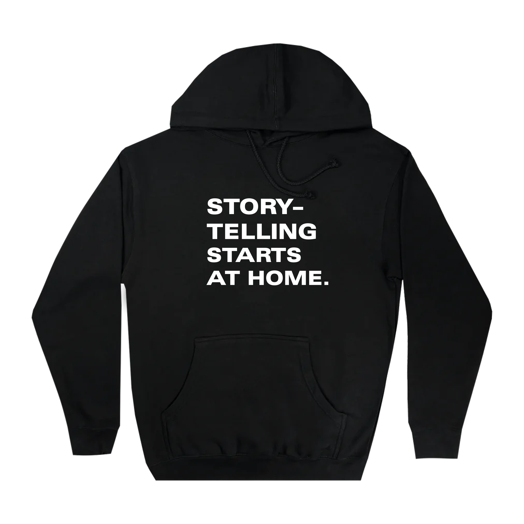 The Oaklandish Make It Bay Hoodie in black features a front pocket, drawstring hood, and bold white “STORY-TELLING STARTS AT HOME” text on the chest. This laid-flat piece reflects local style—perfect for Bay Area creatives.