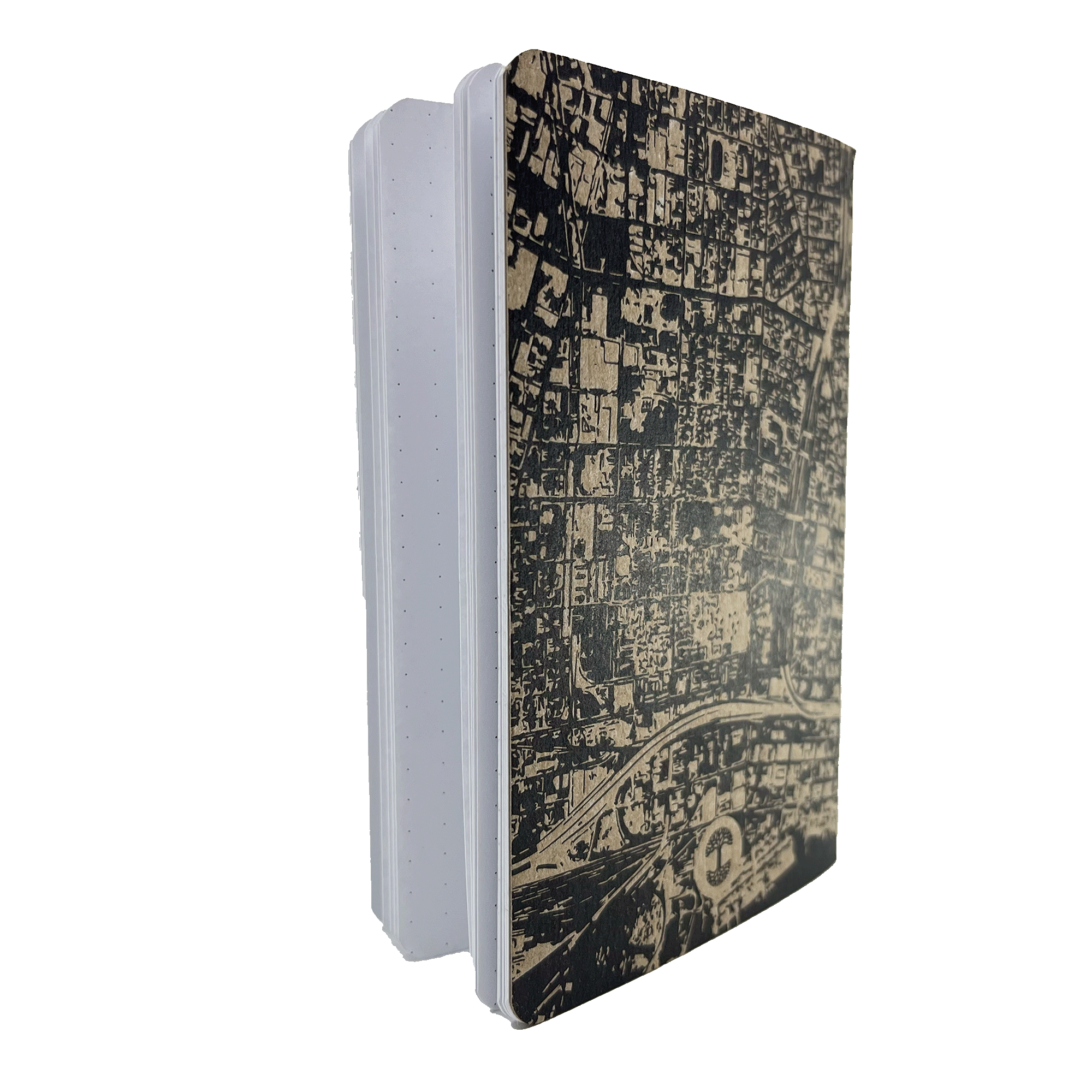 Back and side view of mini notebook with aerial map view of Oakland on cover.