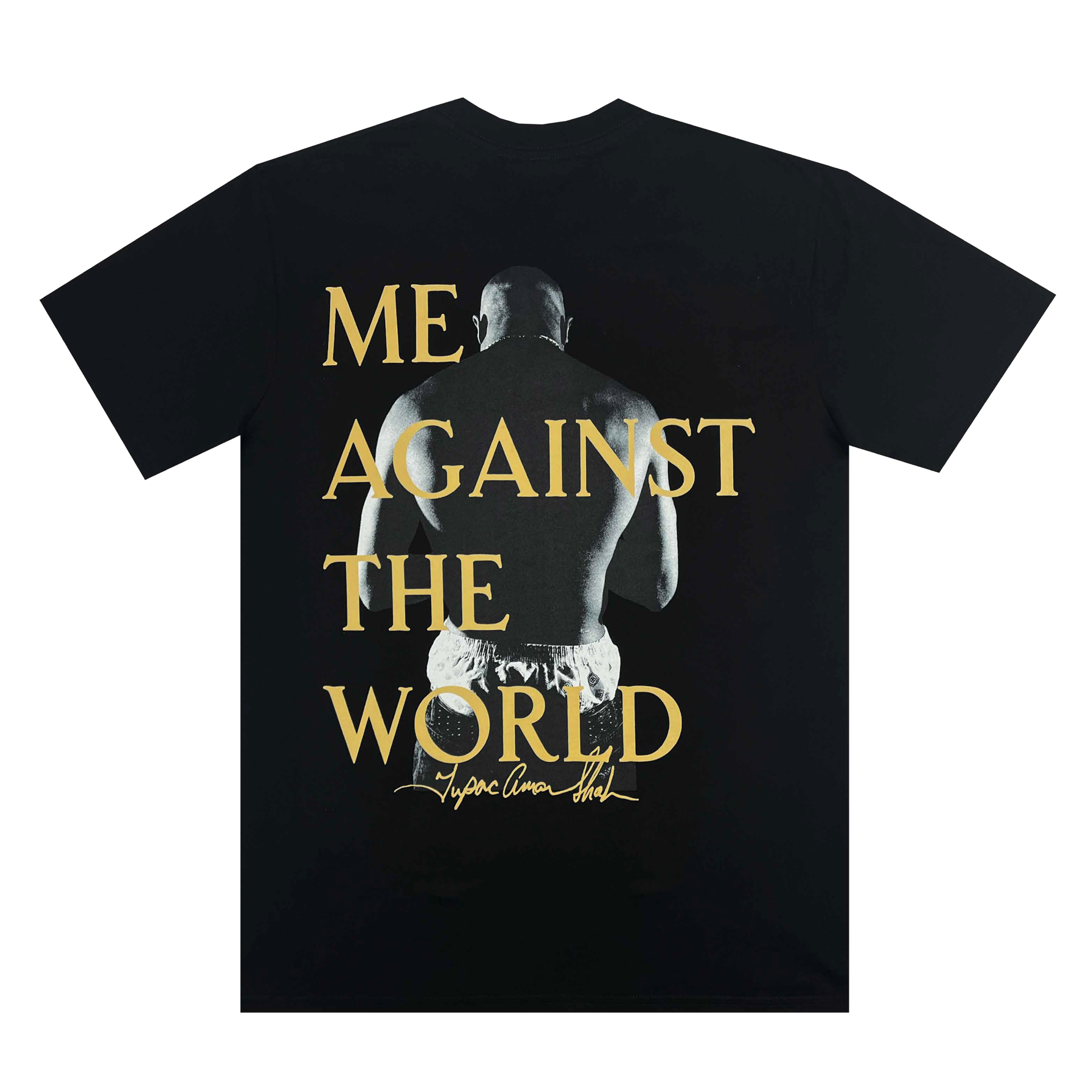 The Against the World Tee from Oaklandish is a black T-shirt that showcases a captivating black-and-white image of a shirtless man from behind, embodying the legendary essence of Tupac. It features gold text that reads "ME AGAINST THE WORLD," along with a signature-like design below, perfectly capturing the spirit of hip-hop and Oaklandish roots.