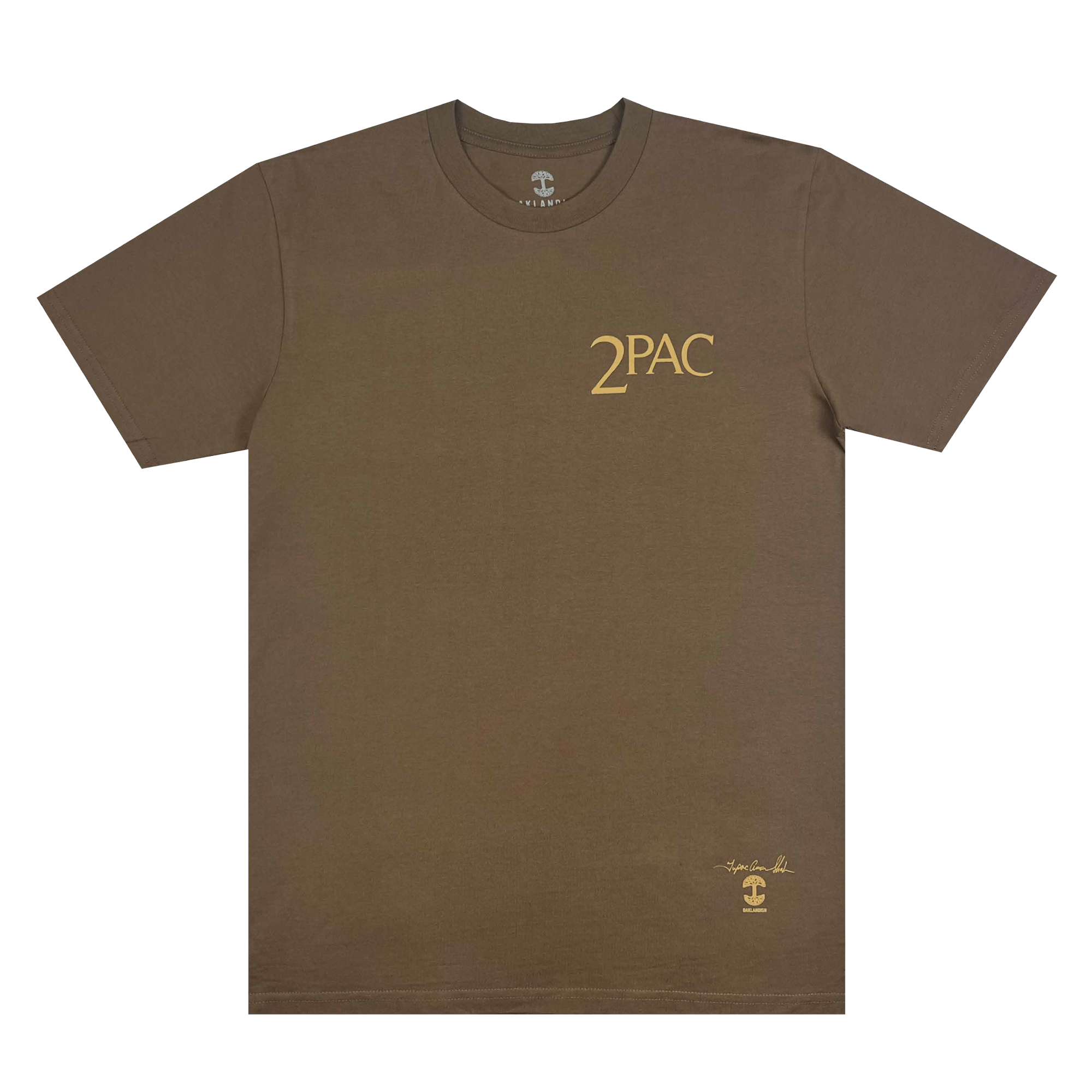 The Against the World Tee by Oaklandish is a brown T-shirt that showcases "2PAC" in gold text on the left chest, embodying the spirit of hip-hop legend Tupac Shakur. Additionally, there is a small signature and emblem in gold located at the bottom right corner. The T-shirt is displayed flat on a simple white backdrop.