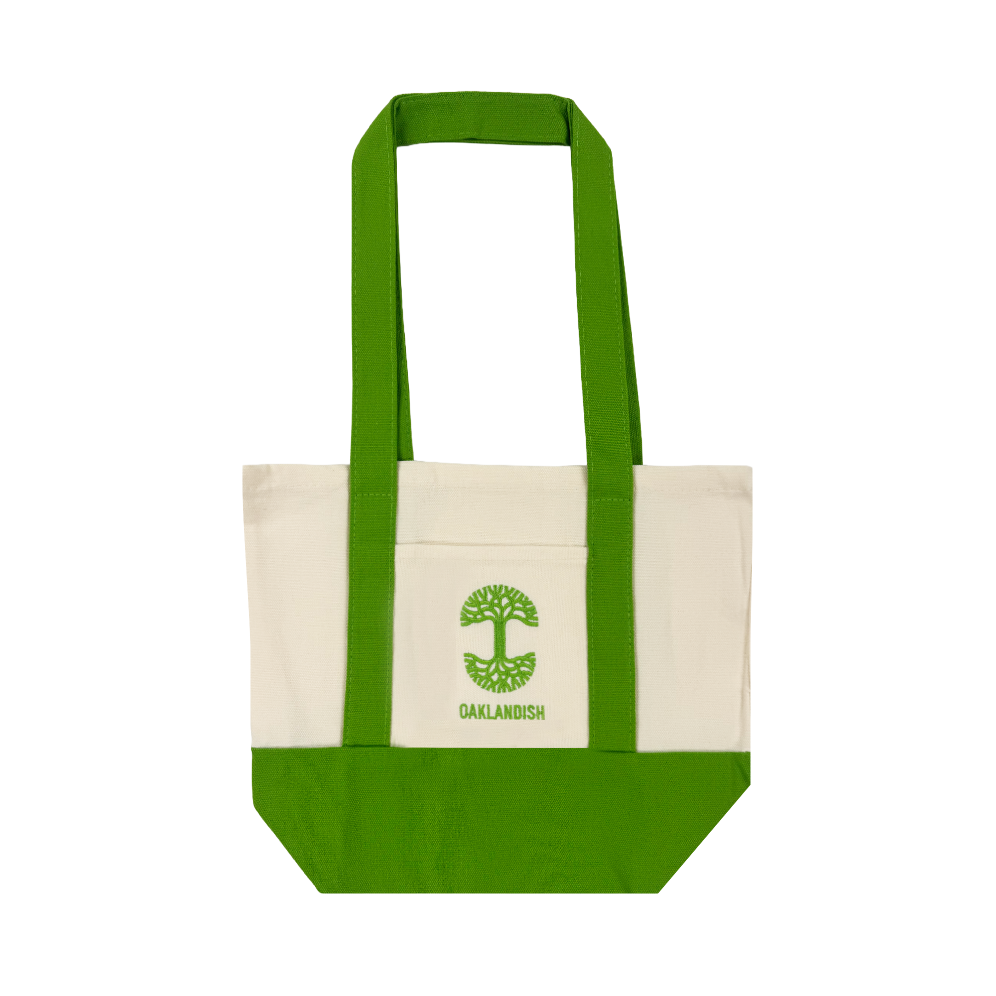 The Oaklandish Mini Grocery Tote features a cream body with lime green handles and bottom, a boxy shape, bold color blocking, and an embroidered tree logo above "OAKLANDISH" on the front.