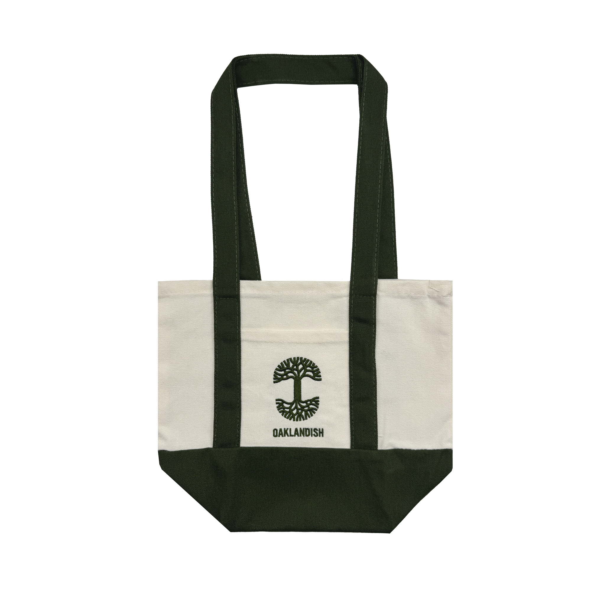 The Oaklandish Mini Grocery Tote by Oaklandish features an off-white canvas body with dark green straps and base, plus a stylized tree logo above "OAKLANDISH" in green. The bag is shown against a plain white background.