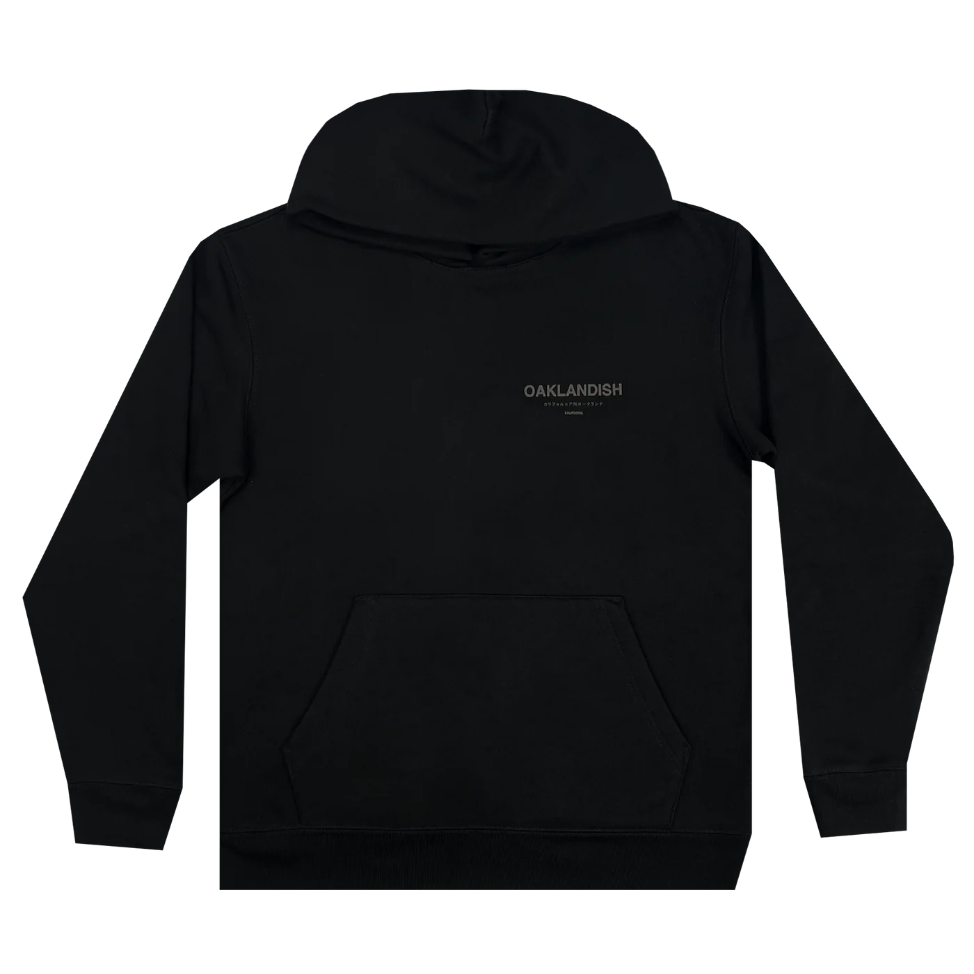 The Modern Type Hoodie from Oaklandish is made from organic cotton and showcases a minimalist style with the classic "OAKLANDISH" logo in white, prominently centered on the chest. It includes a front pocket and offers a relaxed fit, complete with a hood and long sleeves for effortless, casual comfort.