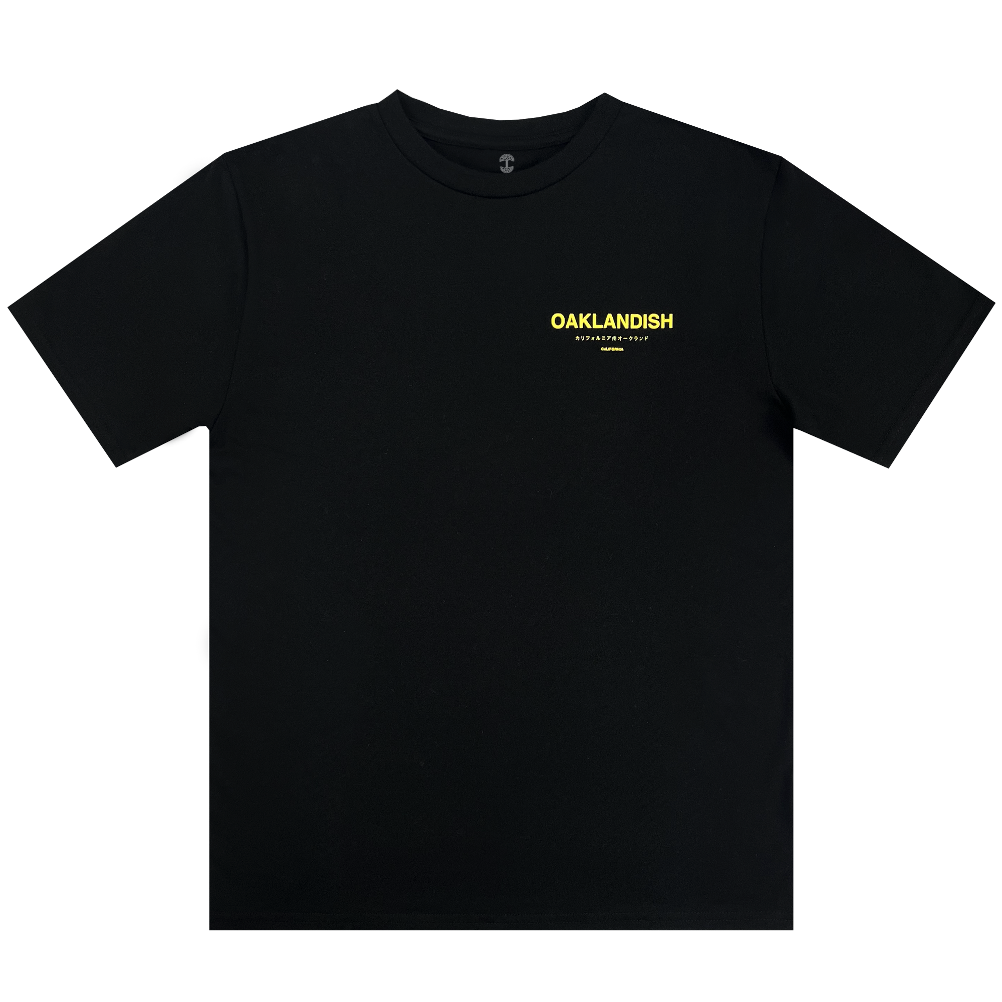 Front view of black cotton t-shirt with Oaklandish California wordmark in English and Japanese as front left chest print.