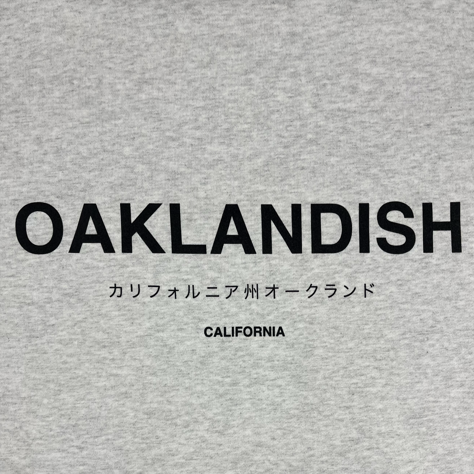 Detailed back view of grey pullover hoodie with Oaklandish California in Japanese and English text.