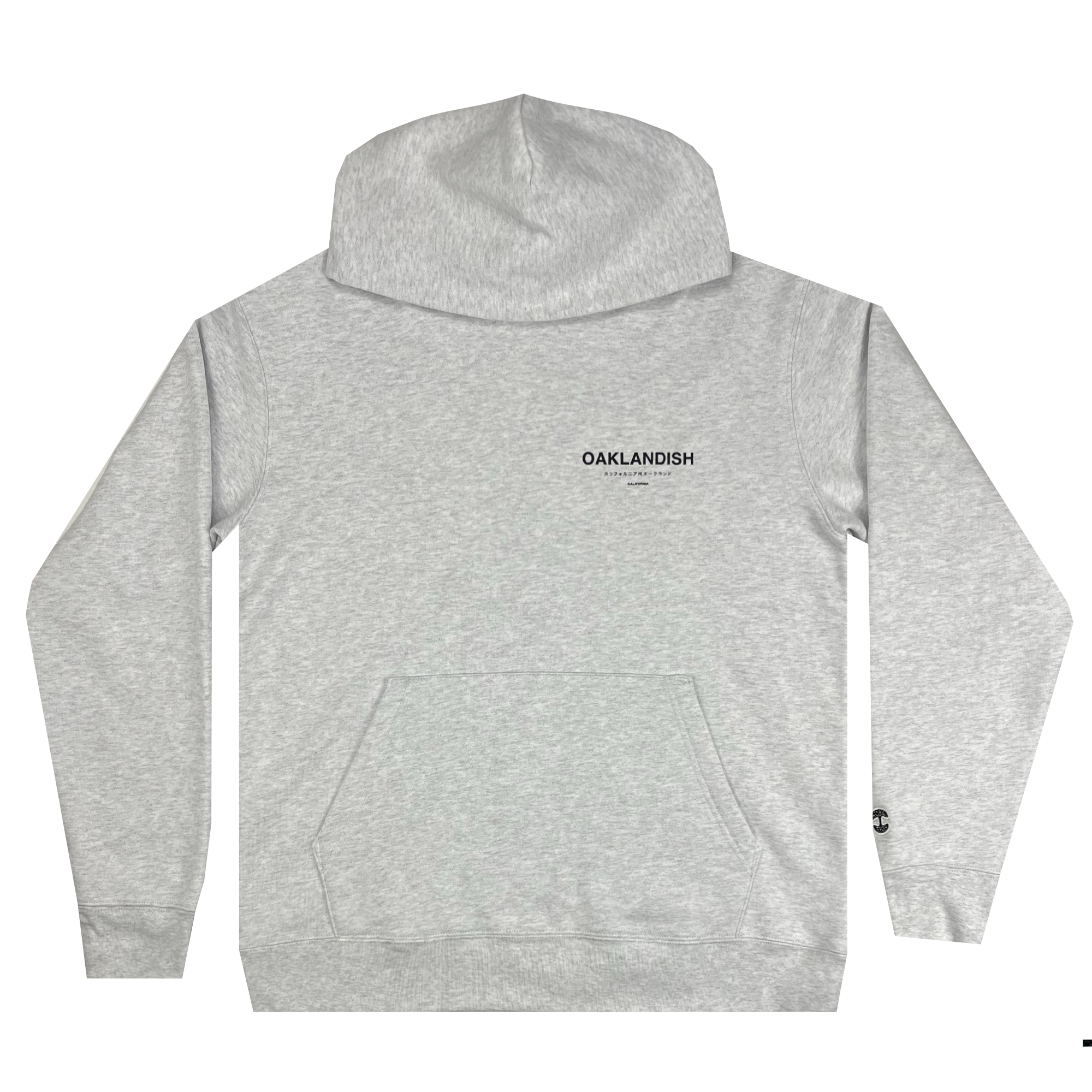 Front view of grey pullover hoodie with Oaklandish California in Japanese and English text as left chest print.