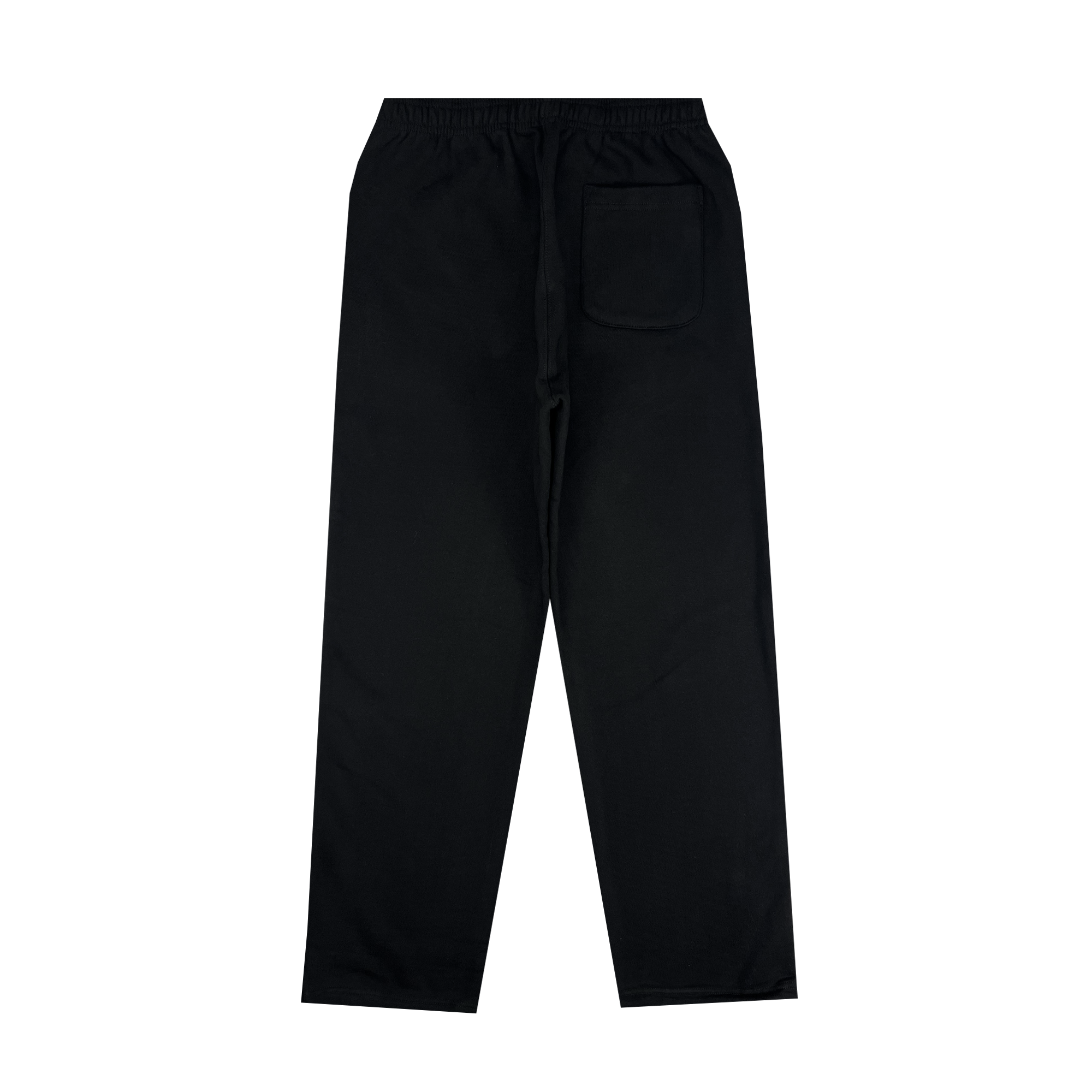 The Modern Type Sweatpants by Oaklandish are displayed with the back side facing up. These black sweatpants feature an elastic waistband with a visible drawstring and a single rectangular pocket on the right side of the back. Made from plain organic cotton, they boast a straight-leg design and come in unisex sizing.