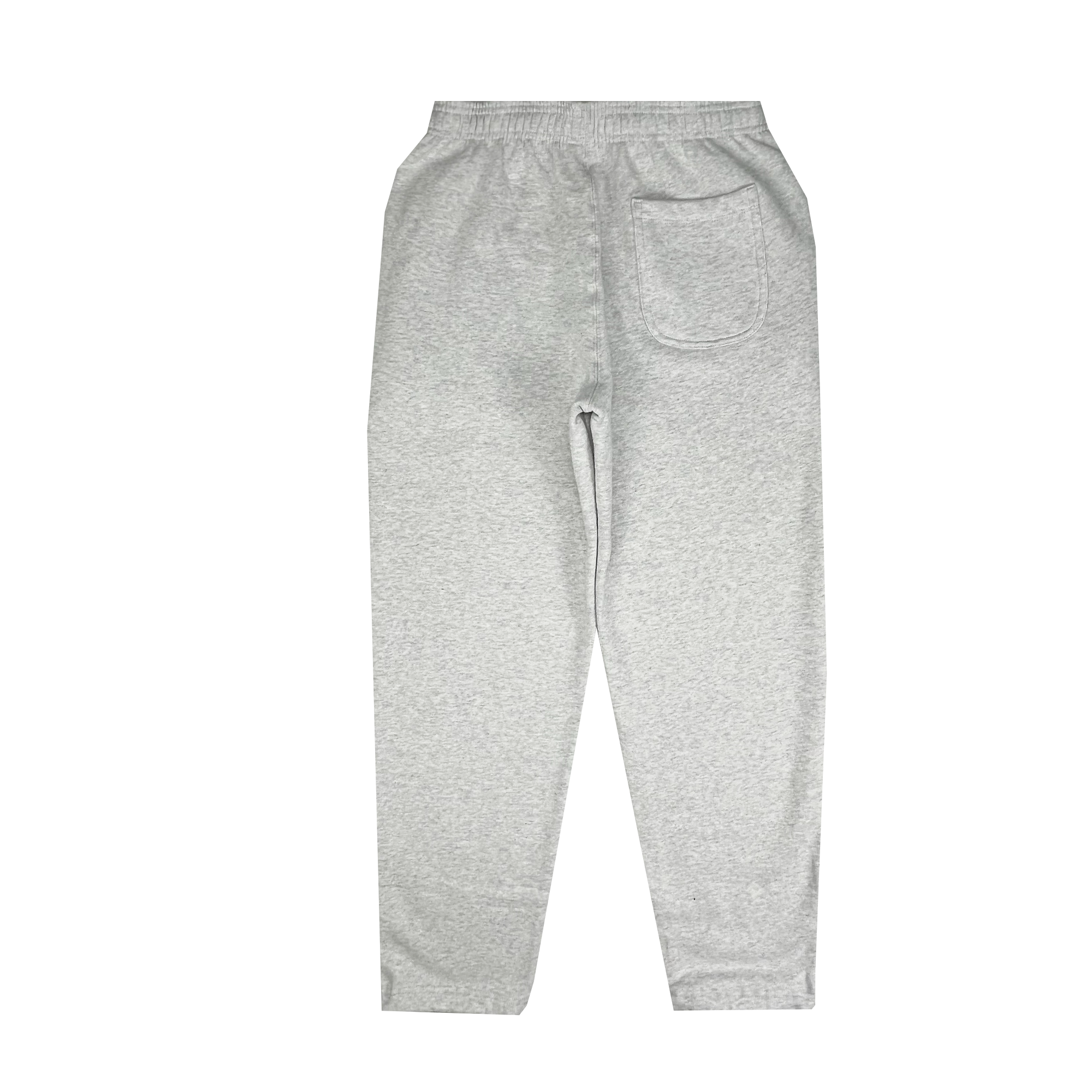 Back view of grey sweatpants with single back pocket on wearer's right.