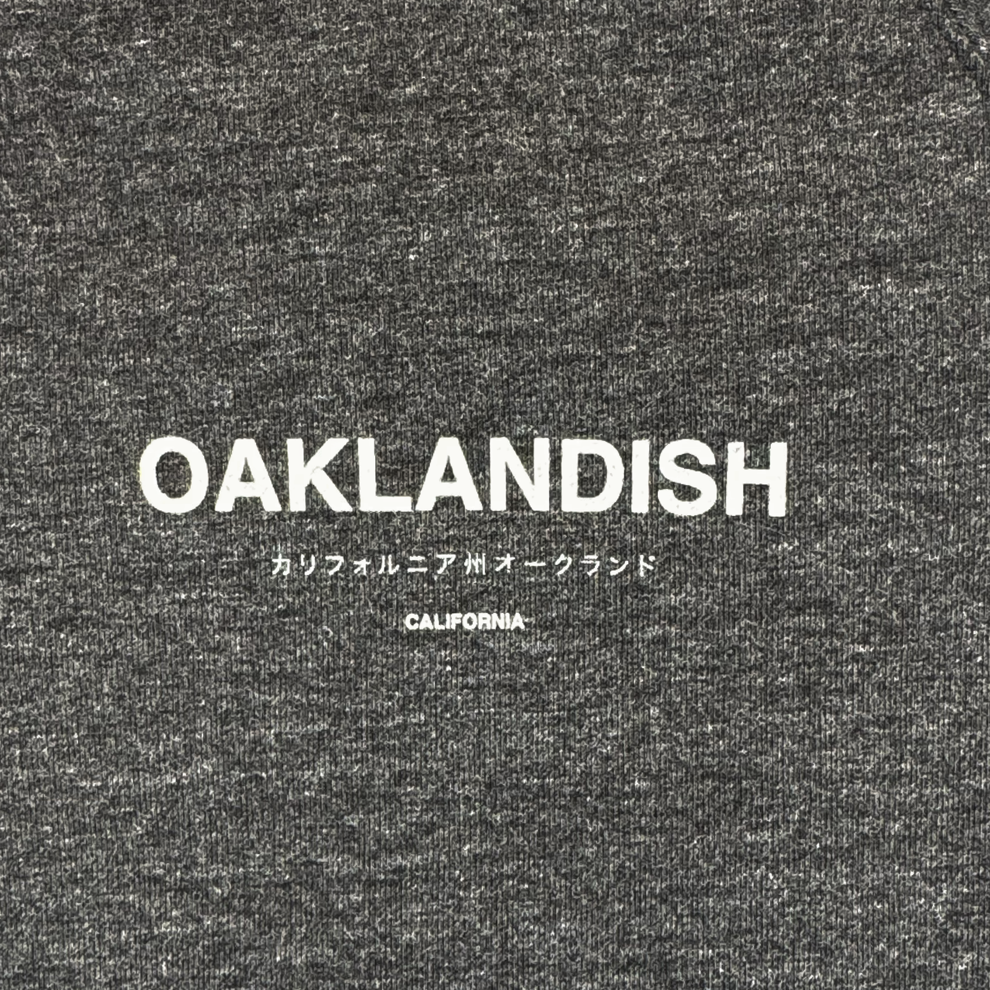The Modern Type Zip Hoodie by Oaklandish features dark gray textured fabric with bold white "OAKLANDISH" text. Below are Japanese characters and "CALIFORNIA." This unisex hoodie has a heathered look for a casual, chic design.