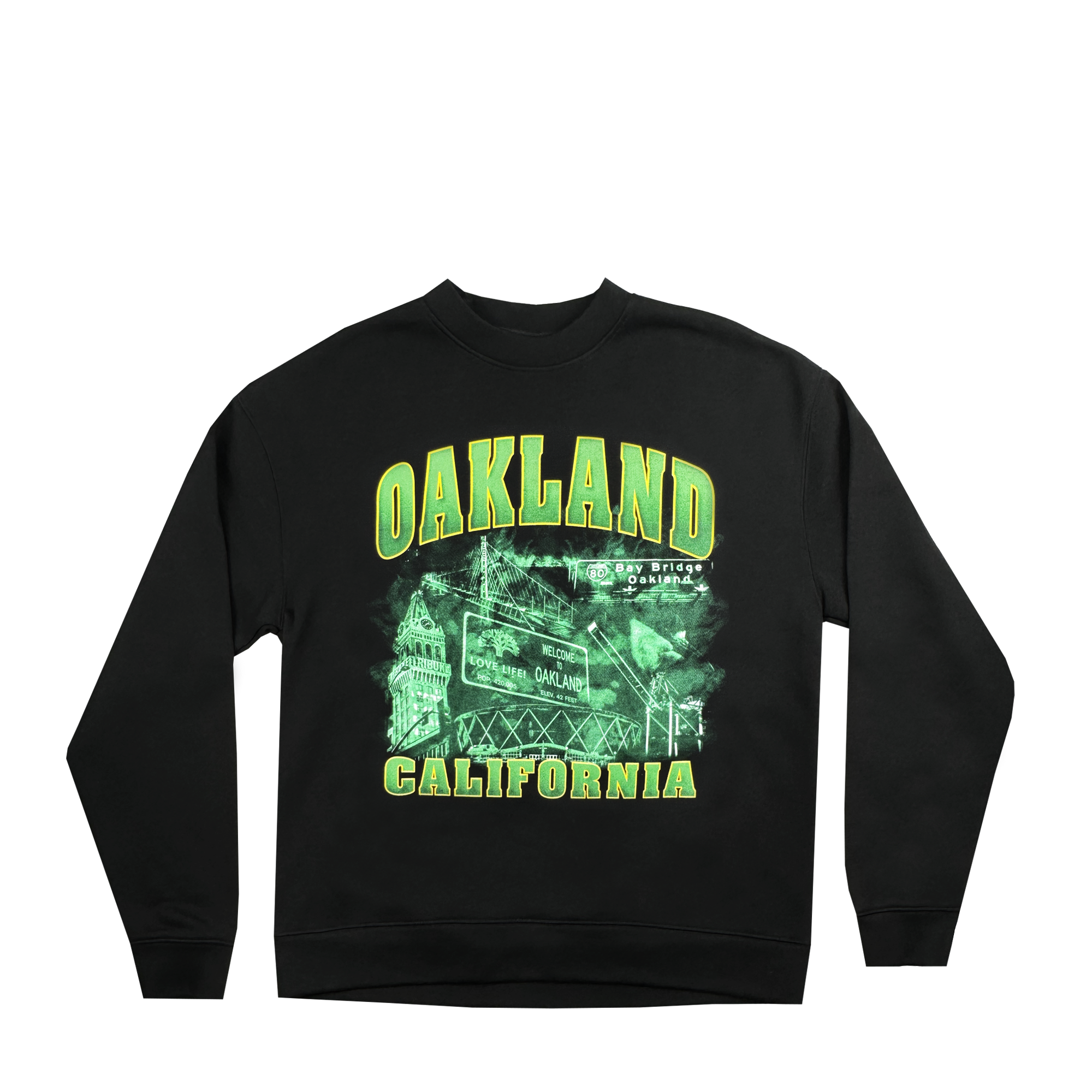 The Montage Crew by Oaklandish is a men's fit black crew neck sweatshirt, crafted from recycled polyester, featuring vibrant green and yellow text with "OAKLAND CALIFORNIA." The background is adorned with images of city landmarks in green, showcasing various buildings and an illuminated sign for an urban aesthetic.