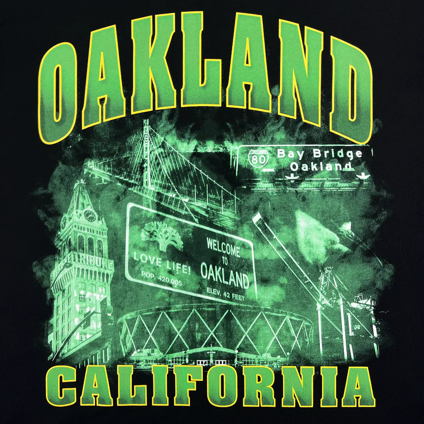 The Montage Crew by Oaklandish is a men's fit sweatshirt crafted from recycled polyester, embellished with a vibrant collage design. It features bold green and yellow "Oakland California" text, showcasing the Bay Bridge alongside road signs such as "Welcome to Oakland," and slogans like "Love Life!" against a backdrop of buildings and street signs.