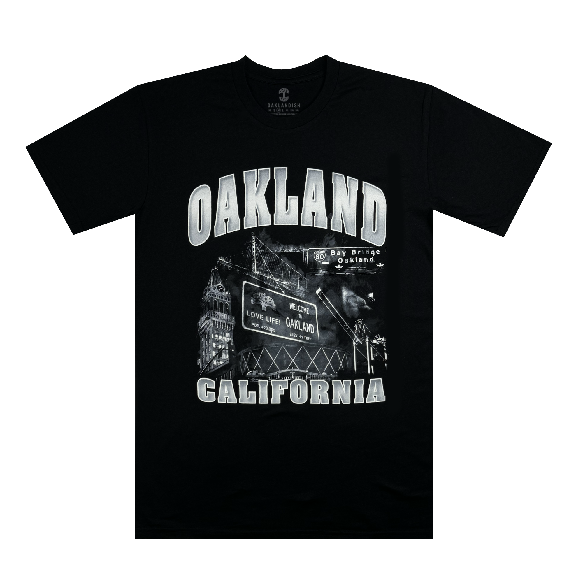 The Montage Tee by Oaklandish is a classic-fitting black T-shirt featuring "OAKLAND CALIFORNIA" prominently in bold white letters. Its design includes a silver-toned background that highlights the Bay Bridge, an "I Love You California" sign, and various cityscape elements for a striking visual appeal.