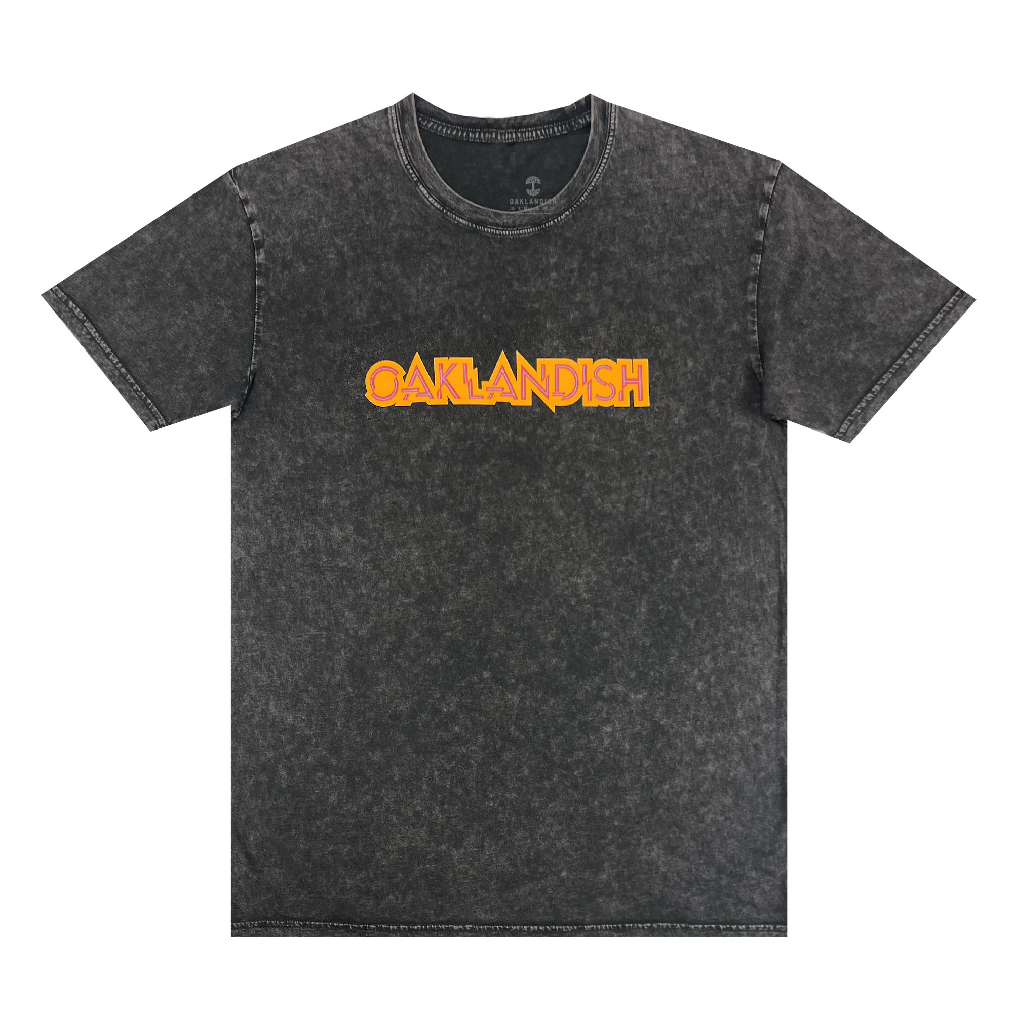 Black stone cotton t-shirt with Oaklandish wordmark in orange and red. 