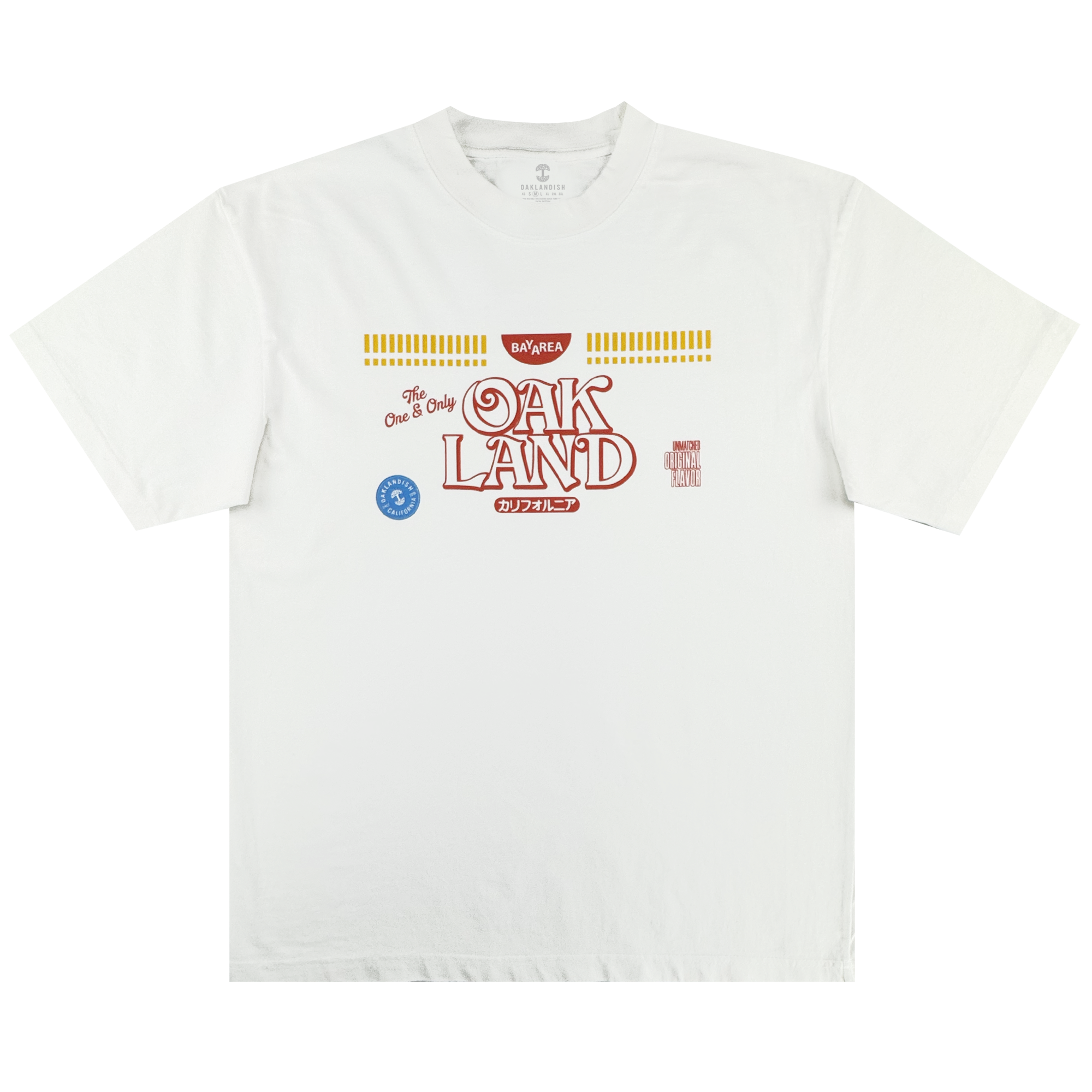 The Oaklandish Noodles Tee is a 100% cotton men's shirt with red and gold "The One & Only OAKLAND" text, Japanese characters, a blue circular patch, a gold bar above the text, and small red and blue details on the front.