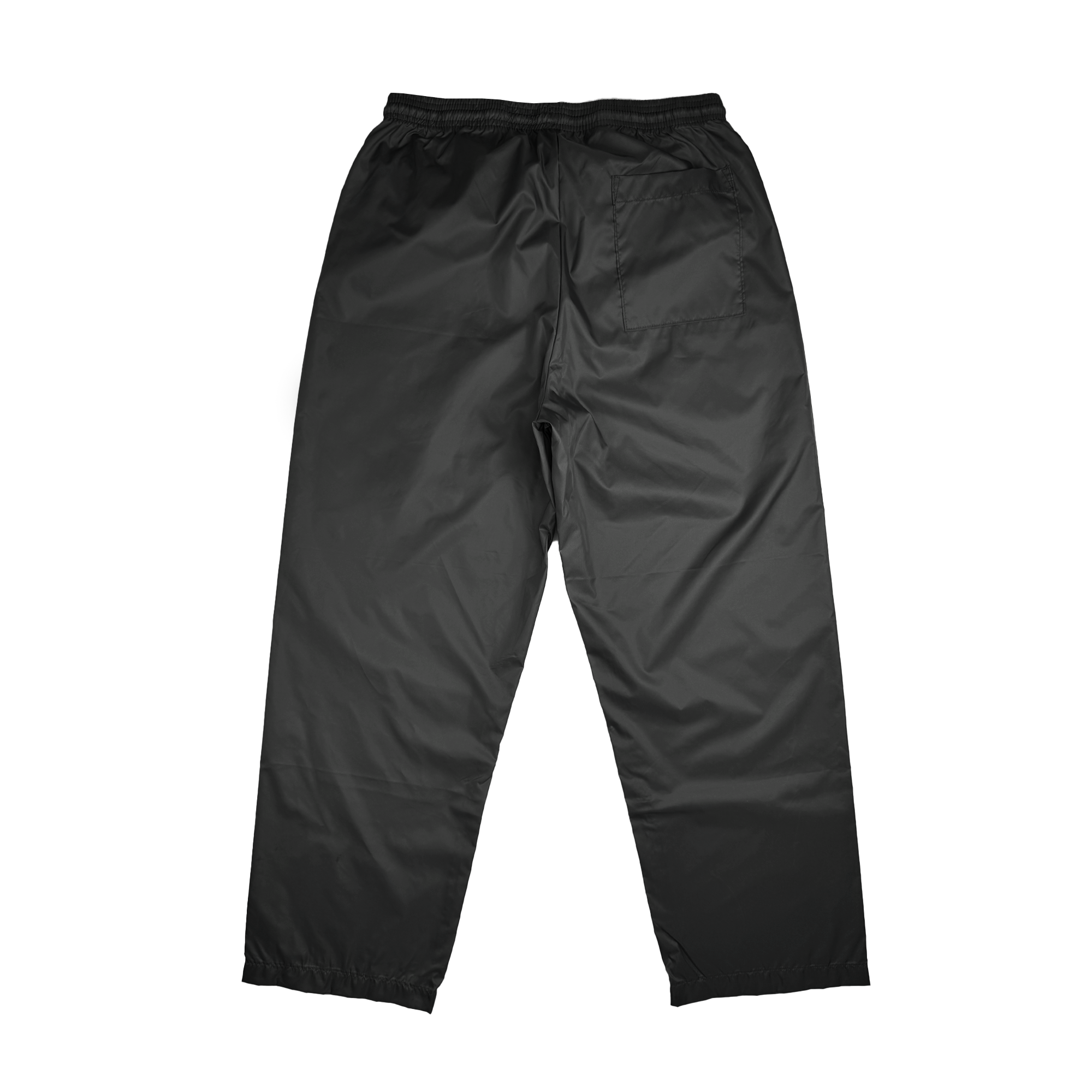 Introducing the Bandit Nylon Pant from Oaklandish, a pair of black, waterproof pants crafted from nylon taffeta. Featuring an elastic waistband and relaxed fit, these pants have a glossy finish that highlights their water-resistant quality. They come with a single large back pocket and straight-cut legs, making them ideal for outdoor adventures or rainy weather. The rear view is shown laid flat.