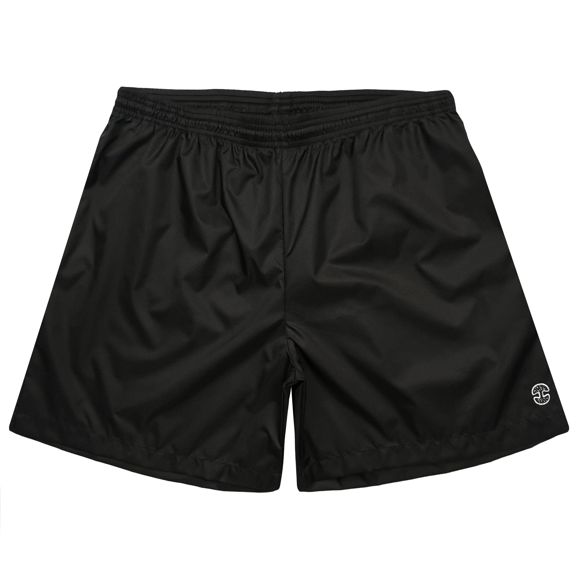 The Bandit Nylon Short by Oaklandish features a pair of black Nylon taffeta shorts with an elastic waistband and a small, circular embroidered logo on the bottom left leg. The fabric appears smooth and lightweight, making it ideal for athletic activities. The shorts have a simple, clean design without any additional patterns or decorations.