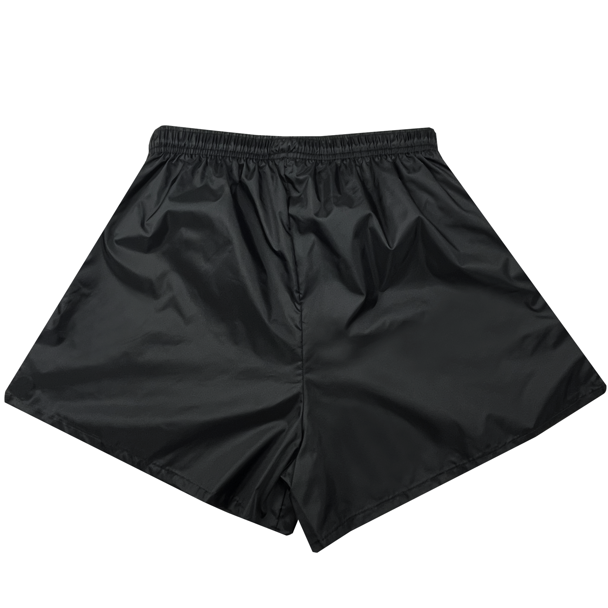 The Women's Bandit Nylon Short by Oaklandish features a high waist cut and loose fit, paired with an elastic, adjustable waistband. Made from lightweight black nylon taffeta fabric with a shiny finish, these shorts are perfect for both exercise and casual wear. The image is taken from above, fully showcasing the front side of the shorts spread out.