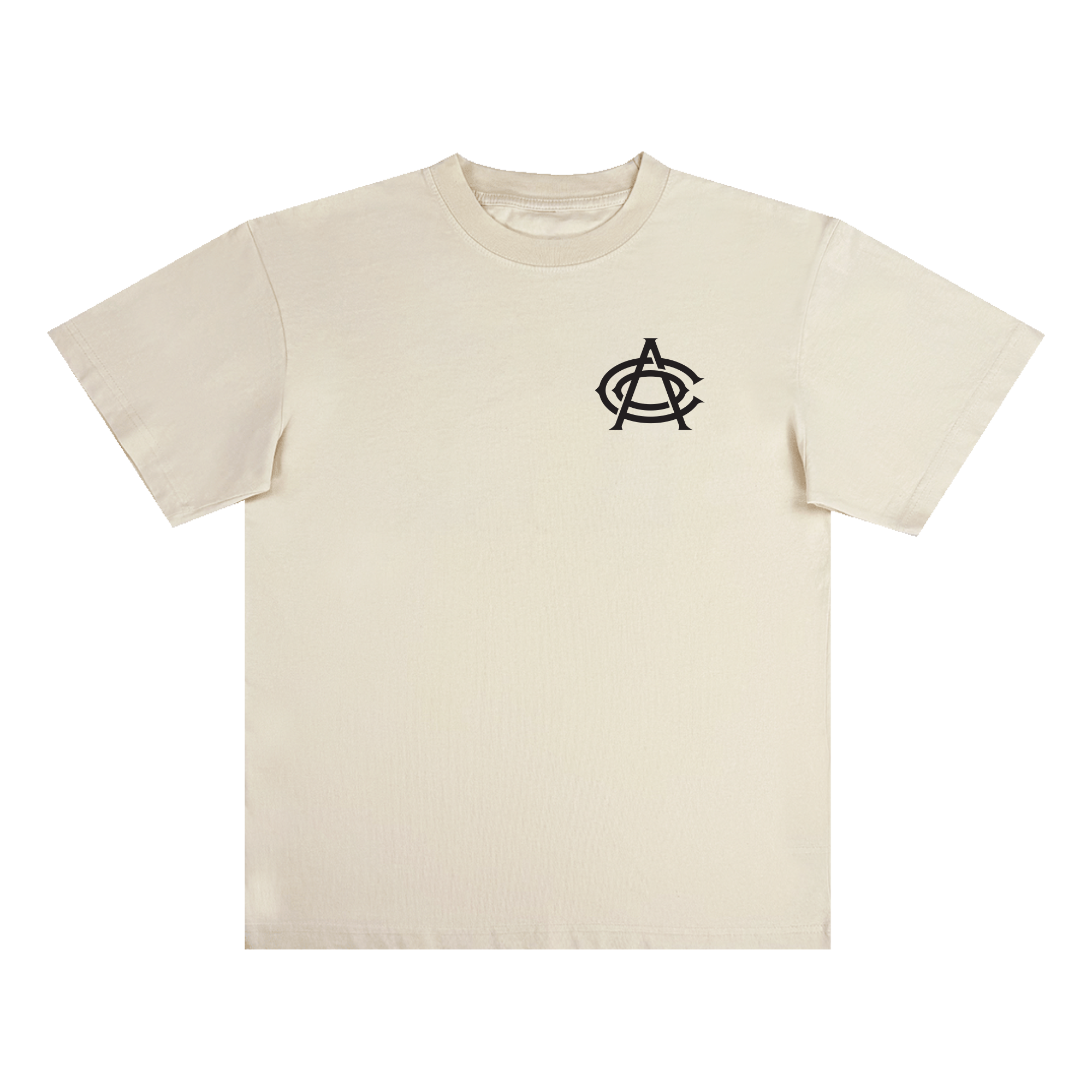 The OAC Tee by OAC is a cream-colored short-sleeve t-shirt displayed on a white background. It features a small black overlapping “A” and “C” logo on the left chest—a subtle reference to the Oakland Athletic Club. Made from heavy-weight cotton, this classic fit tee offers a crew neck and a boxy, relaxed silhouette. No other designs or text are present.