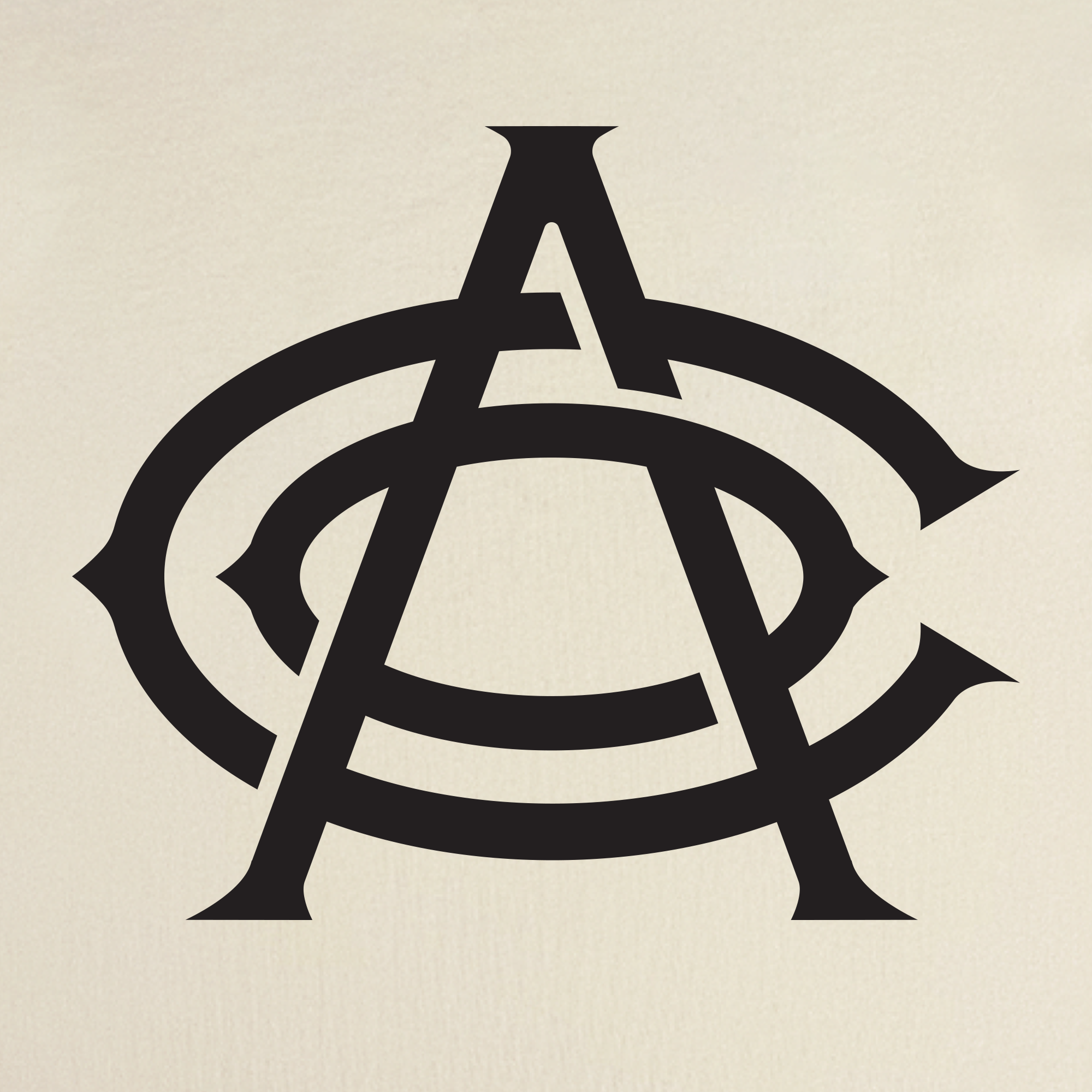 A bold black “A” overlaps an ornate, partially encircled “C” with sharp, serifed edges, forming a striking monogram at the center of the OAC Tee by OAC. Reminiscent of the Oakland Athletic Club’s heritage, this design sits on a beige background and is visually balanced—making it ideal for a classic fit t-shirt crafted from heavy-weight cotton.