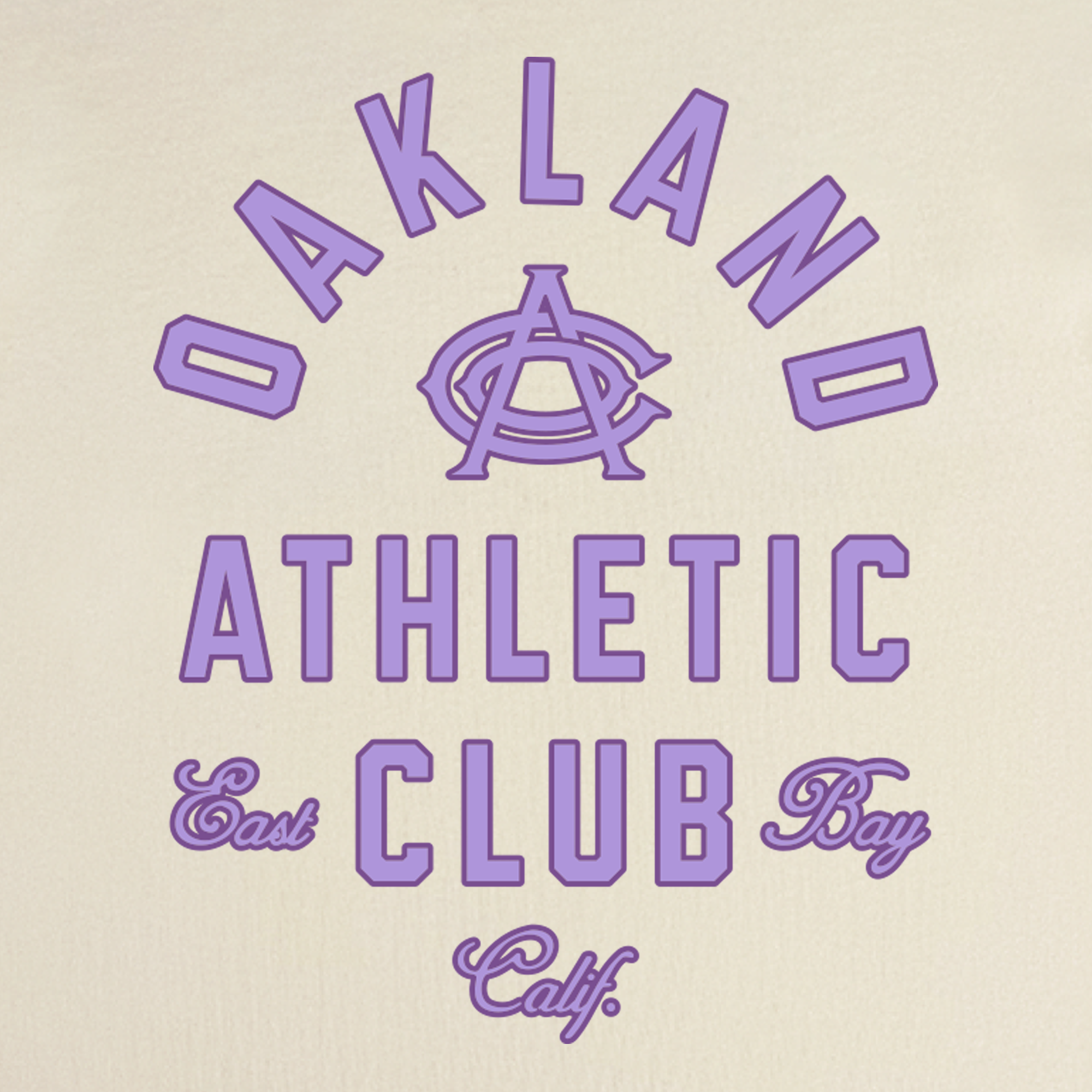 The OAC Tee by OAC features lilac text reading “OAKLAND ATHLETIC CLUB” in all caps, with a bold “A” inside a circle. Beneath, “East Bay Calif.” appears in script. Set against an off-white backdrop, this classic fit t-shirt is made from heavyweight cotton and channels vintage sports lettering style.