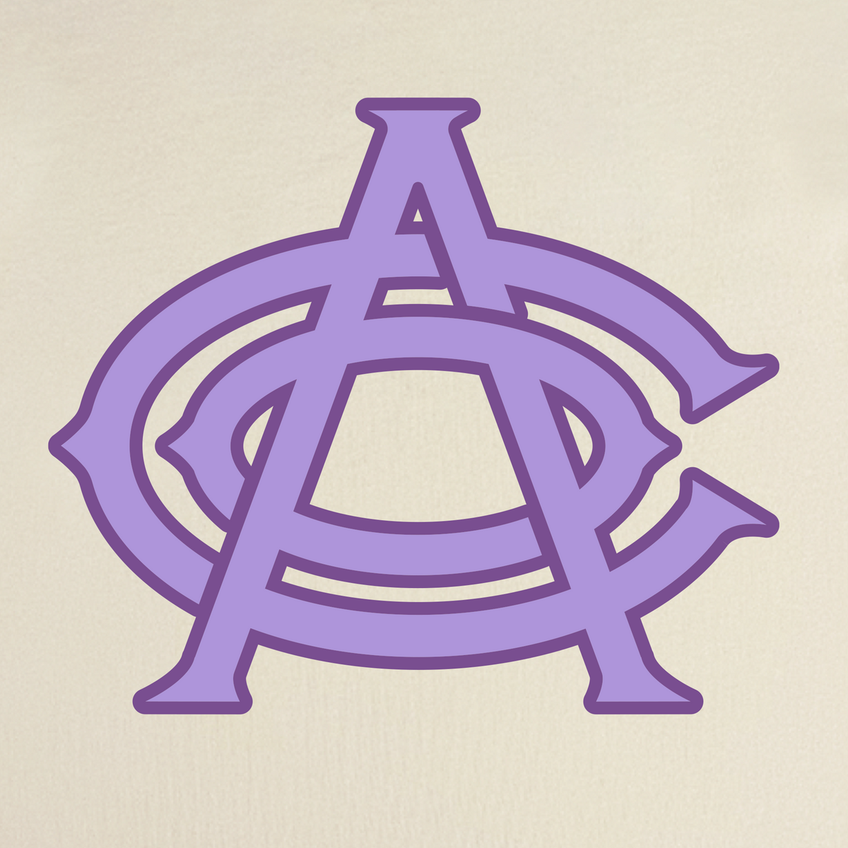 The OAC Tee by OAC showcases a bold, purple monogram with overlapping capital letters “A” and “C” on a light beige background. The upright “A” is embraced by two interlocking “C” shapes on either side, creating a design inspired by vintage Oakland Athletic Club style—ideal for this classic fit t-shirt made from heavy-weight cotton.