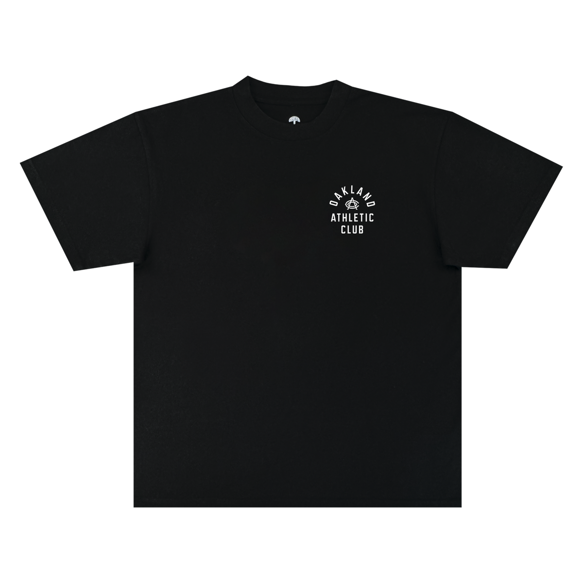 The OAC Prestigious Tee is a black, short-sleeve classic fit t-shirt featuring “OAKLAND ATHLETIC CLUB” printed in a curved and stacked white font on the left chest, with a small graphic above the text. Made from heavy-weight cotton, it is photographed against a plain white background.