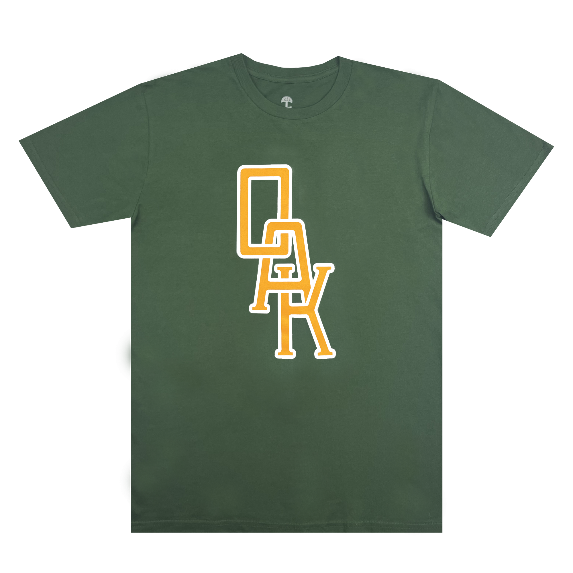 Front view of a forest green t-shirt with OAK monogram design centered in yellow and white.