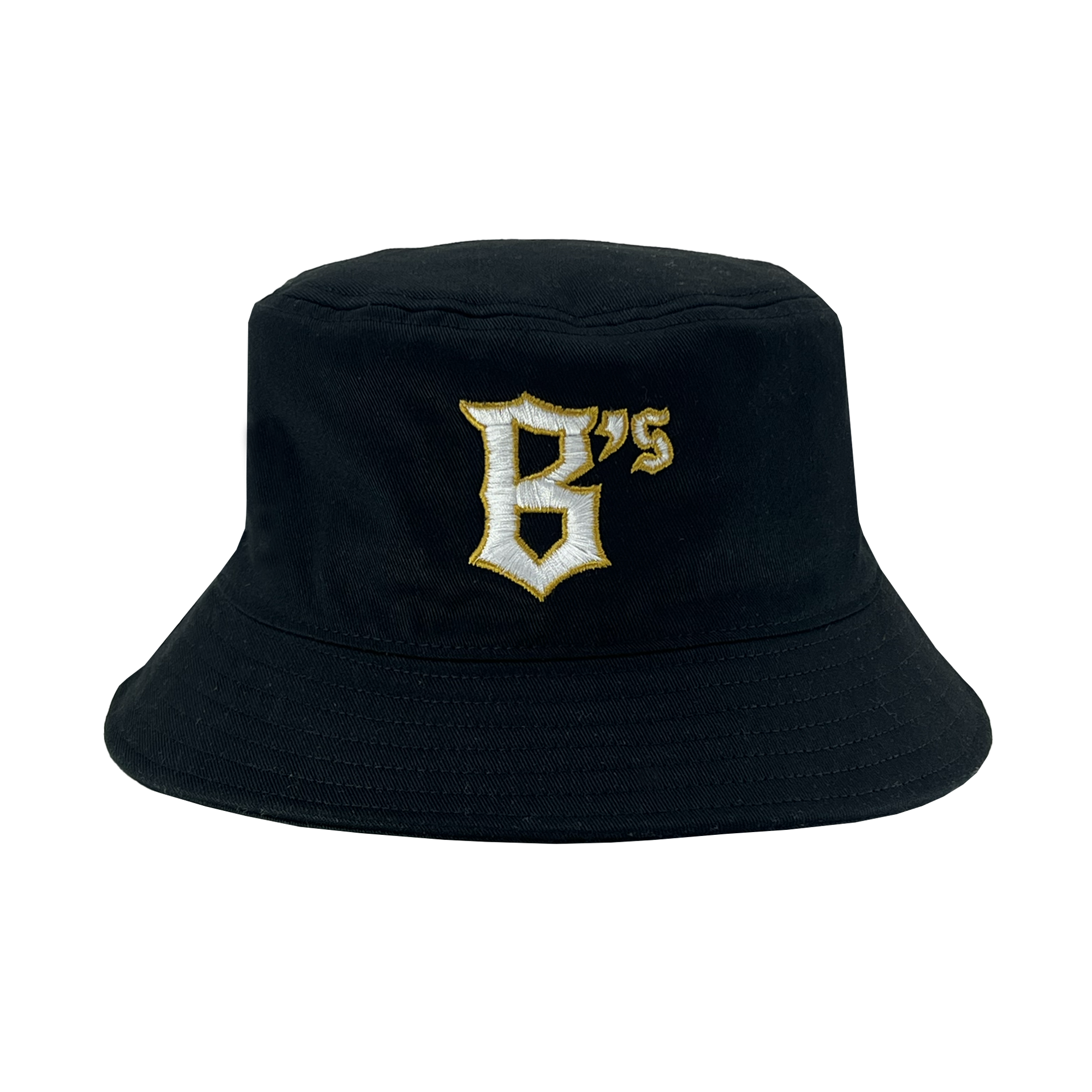 The Oakland Ballers B Bucket Hat by the Oakland Ballers features a stylish black design with embroidered yellow and white text reading "6's" in a unique font on the front. Reminiscent of a professional baseball team cap, it has visible stitching around the top and brim, adding texture and detail. The hat stands out against a plain white background, making it the focal point of the image.