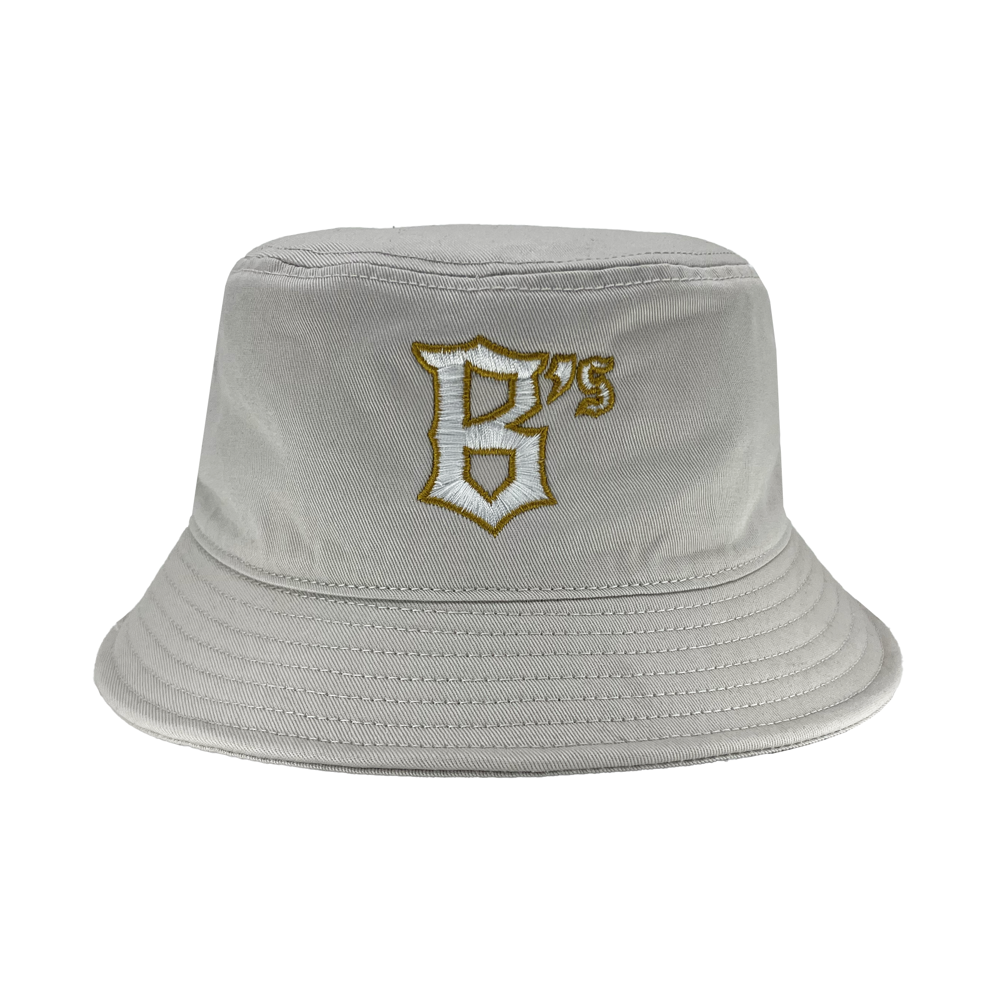 The Oakland Ballers B Bucket Hat is displayed in light grey with a wide, downward-sloping brim. The front showcases an embroidered design: a stylized letter "B" in white with a golden outline and the number "75" in gold, reflecting the legacy of the Oakland Ballers and their storied West Coast franchise history. The hat seems to be crafted from soft, flexible fabric.