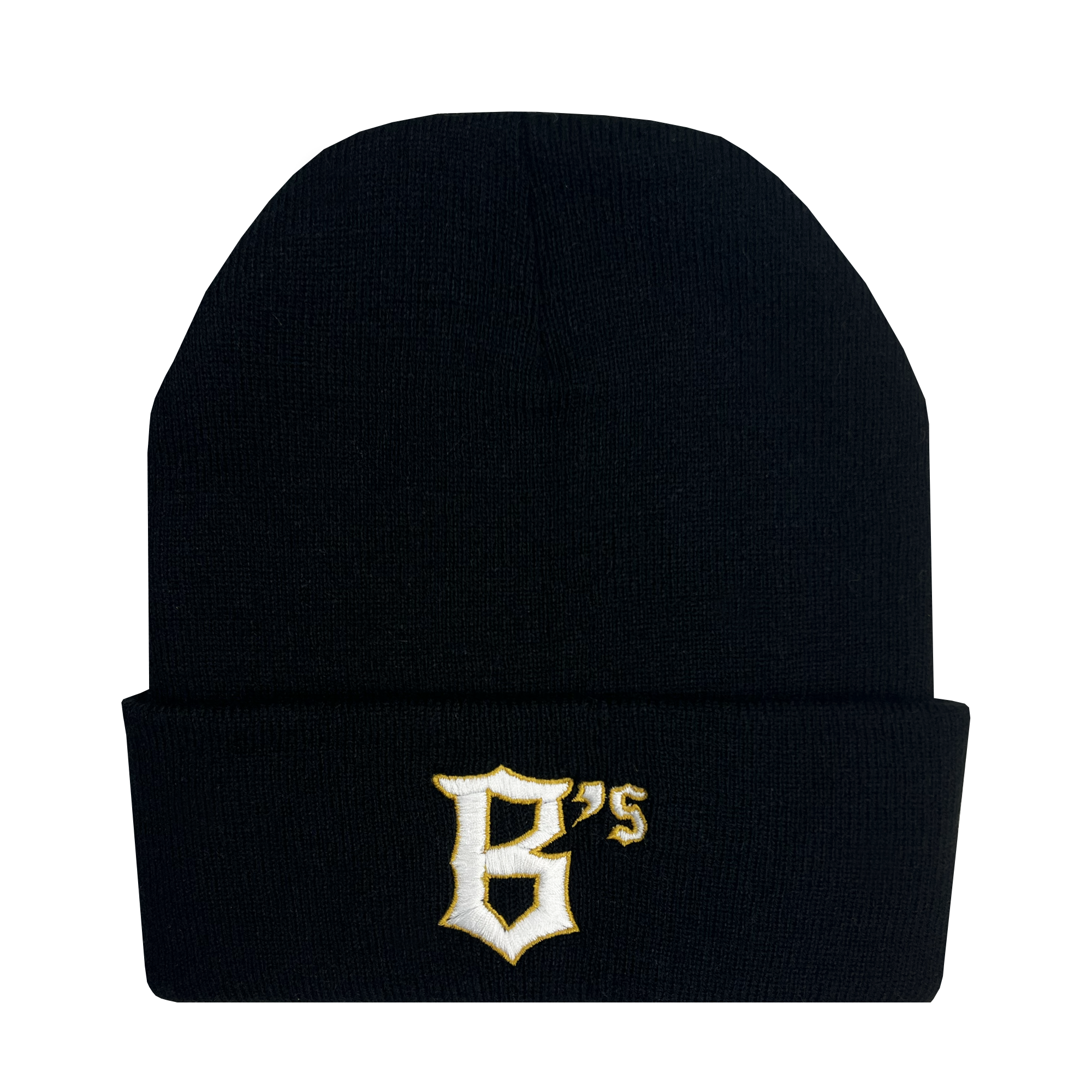 The Oakland Ballers Logo Beanie is a black beanie hat with a folded brim that features the embroidered logo of the professional baseball team, Oakland Ballers. The logo consists of a stylized white and yellow letter "B" followed by small letters "'s." The hat has an otherwise plain design except for the logo on the brim.