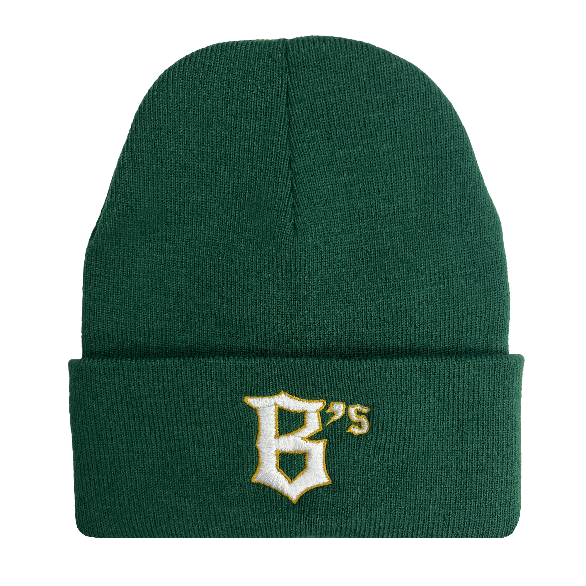 The Oakland Ballers Logo Beanie features a ribbed, green knit with a turned-up cuff. The cuff showcases an embroidered "B's" design in white and gold lettering, reminiscent of the Oakland Ballers' style. The fabric is textured for warmth and comfort, while the plain background accentuates this professional baseball team-inspired hat.