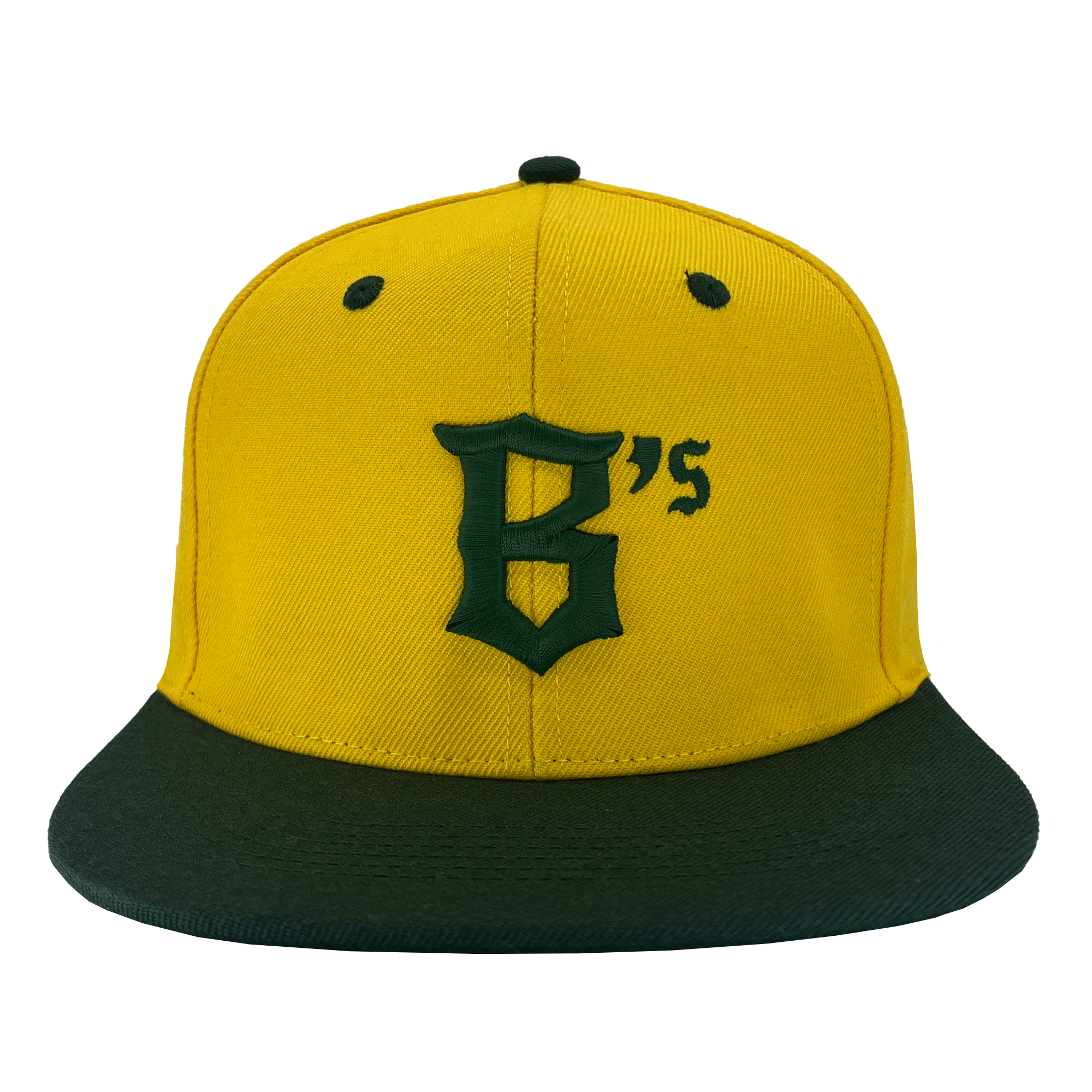 The Oakland Ballers Snapback features a yellow cap with a dark green brim, prominently displaying the Oakland Ballers’ logo. The front is embroidered with a large dark green "B's," and the upper section has two dark green eyelets for ventilation, showcasing your support for your favorite professional baseball team in the Pioneer League.