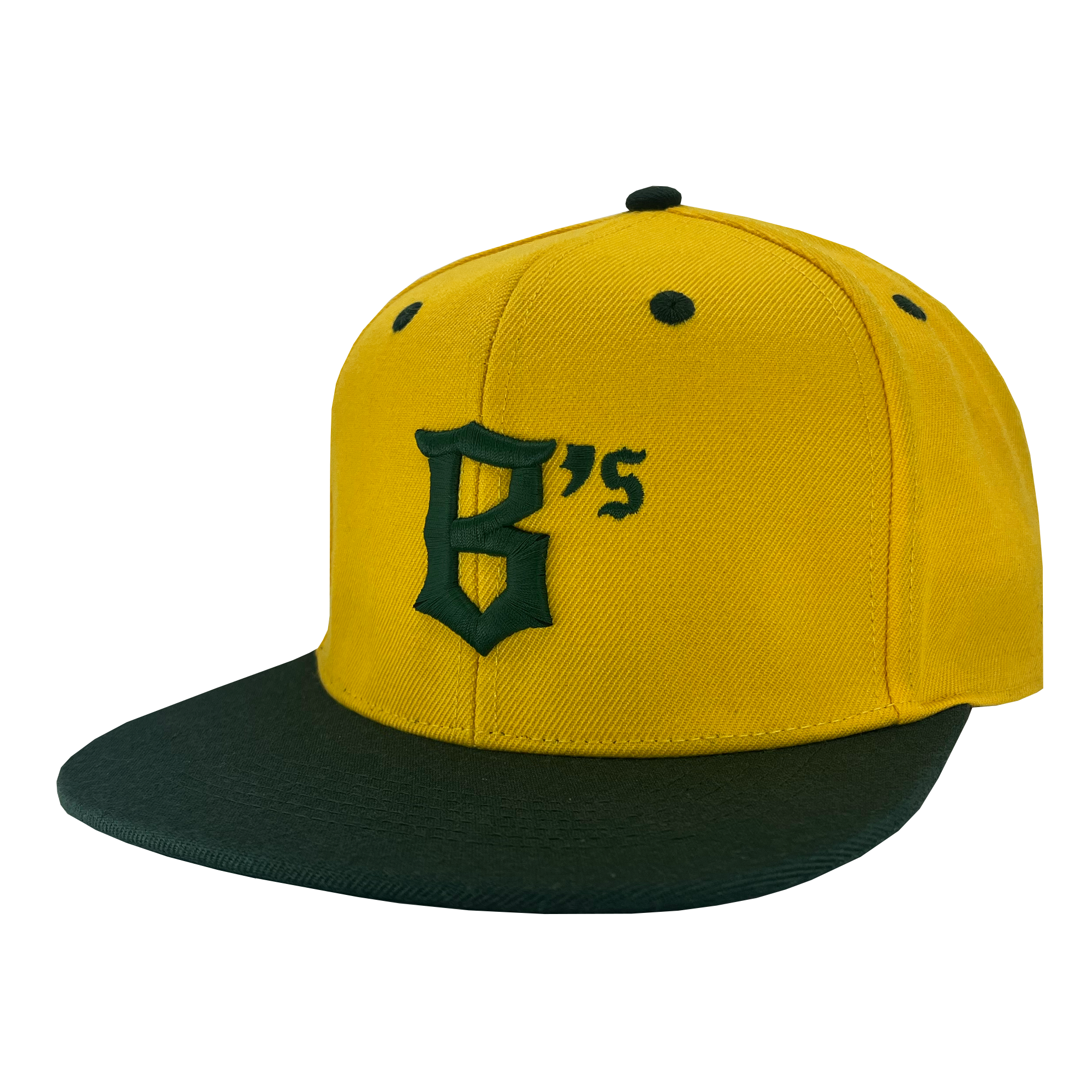 The Oakland Ballers Snapback features a yellow base with a dark green brim and a matching button on top. The front showcases a dark green stylized "B's," representing the Oakland Ballers, a professional baseball team in the Pioneer League. The cap also includes black eyelets for ventilation.