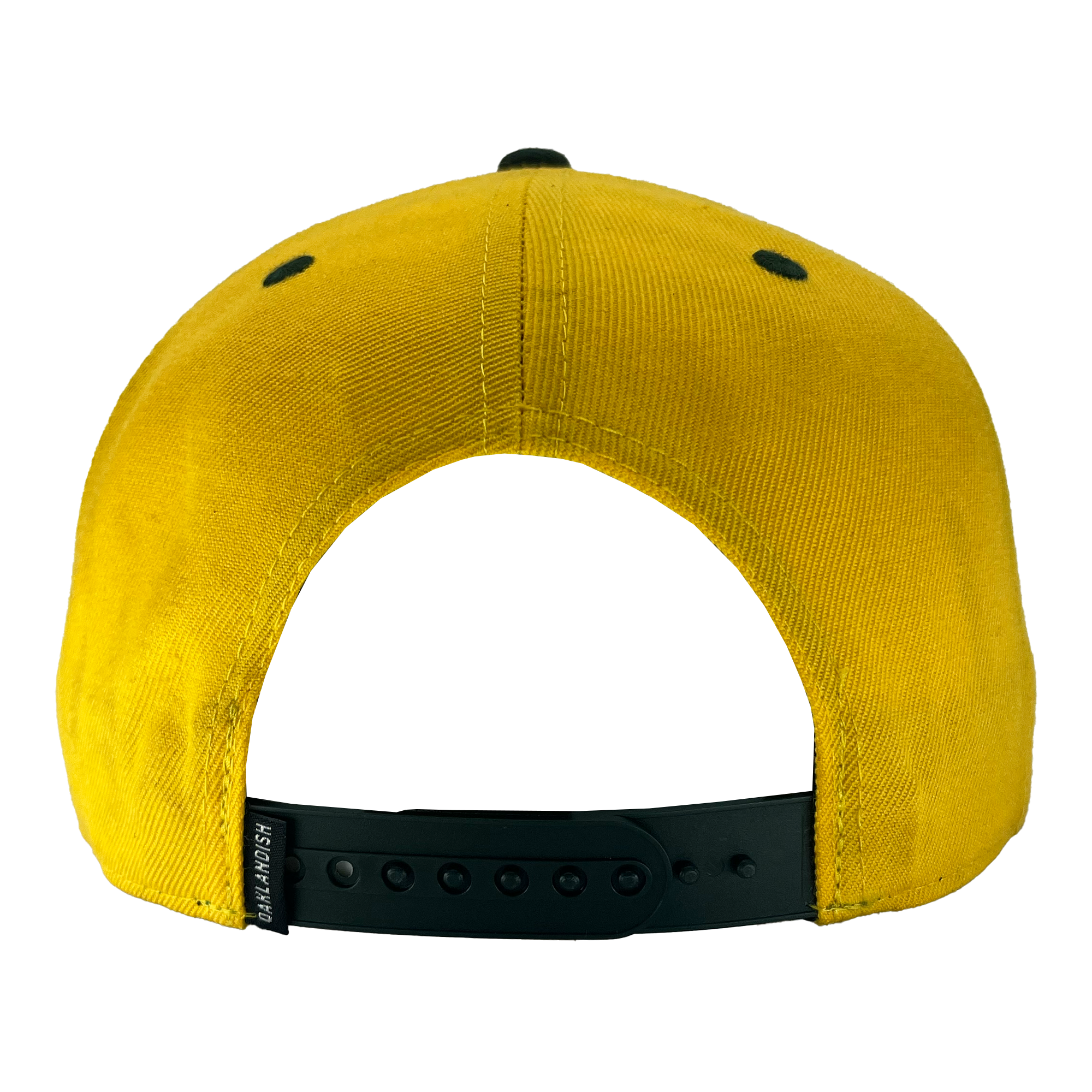 Back view of the "Oakland Ballers Snapback" in yellow, showcasing a black adjustable snapback closure. The cap features black eyelets on each side for ventilation, with visible stitching details that add texture to the fabric. A small black tag with white text reading "Oakland Ballers" is attached to the left side of the snapback.