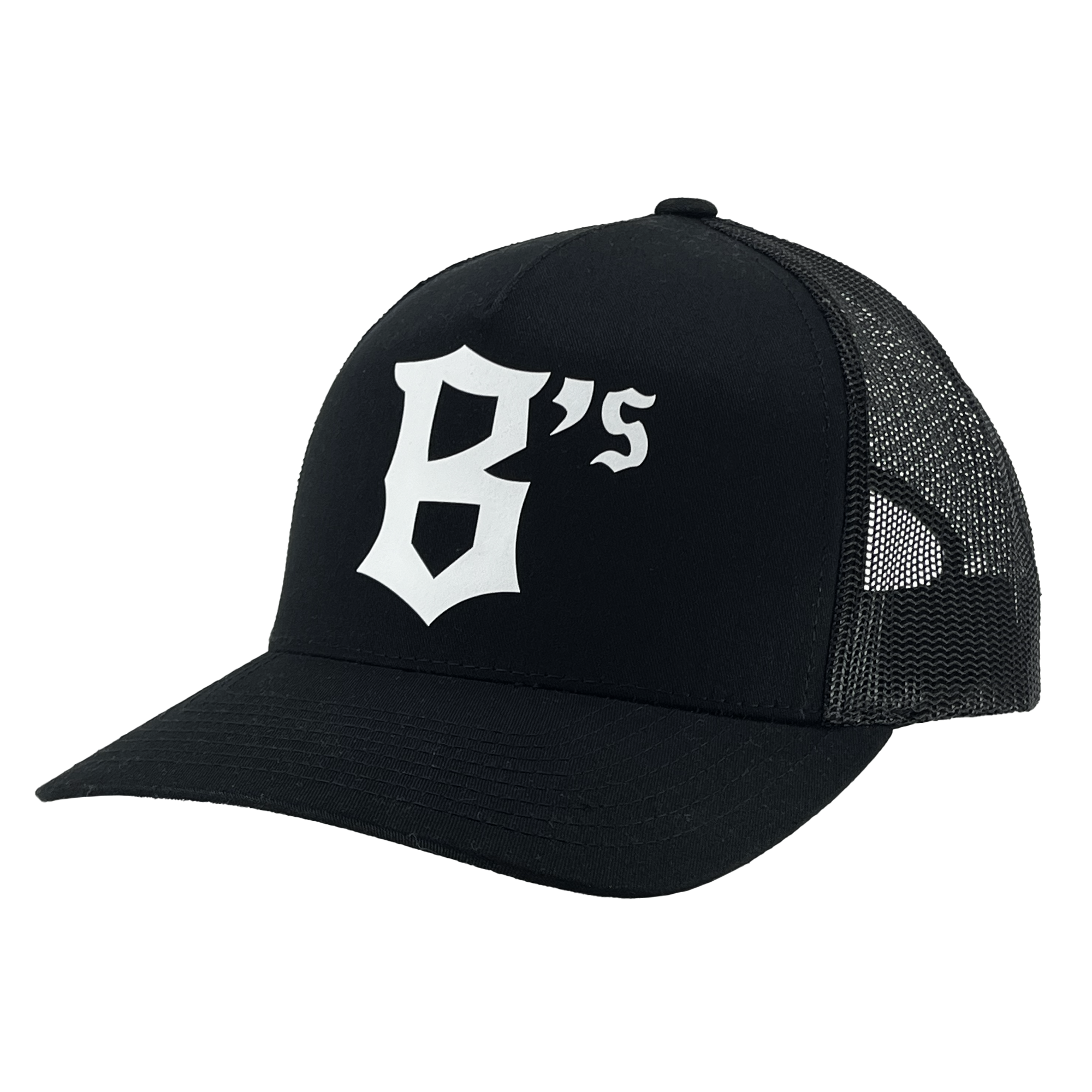 The Oakland Ballers B Trucker is a black baseball cap featuring a black mesh back and a solid front panel. Adorning the front is a stylized "B's" logo in white lettering, with the "B" designed in an old English font. Ideal for fans of the Oakland Ballers from the Pioneer League, this cap comes with a slightly curved brim and a structured crown.