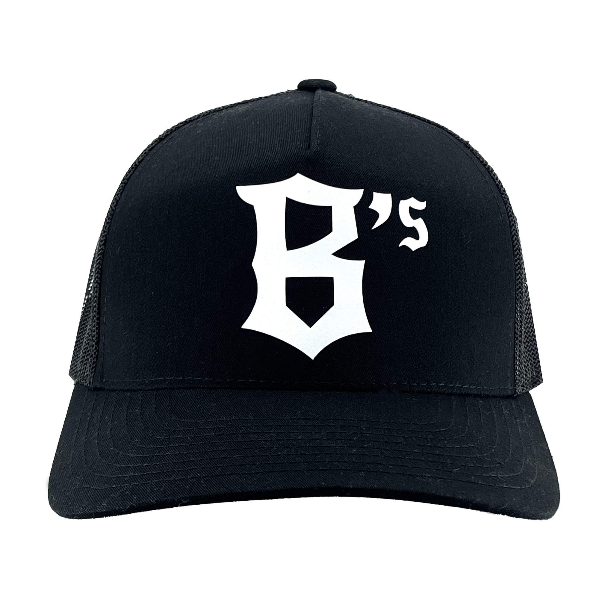 The Oakland Ballers B Trucker is a black hat with a mesh back, designed for supporters of the Oakland Ballers professional baseball team. The front panel features a bold, stylized white "B’s" in Gothic font. It has a curved bill and an adjustable strap at the back, making it perfect for fans of this Pioneer League team.