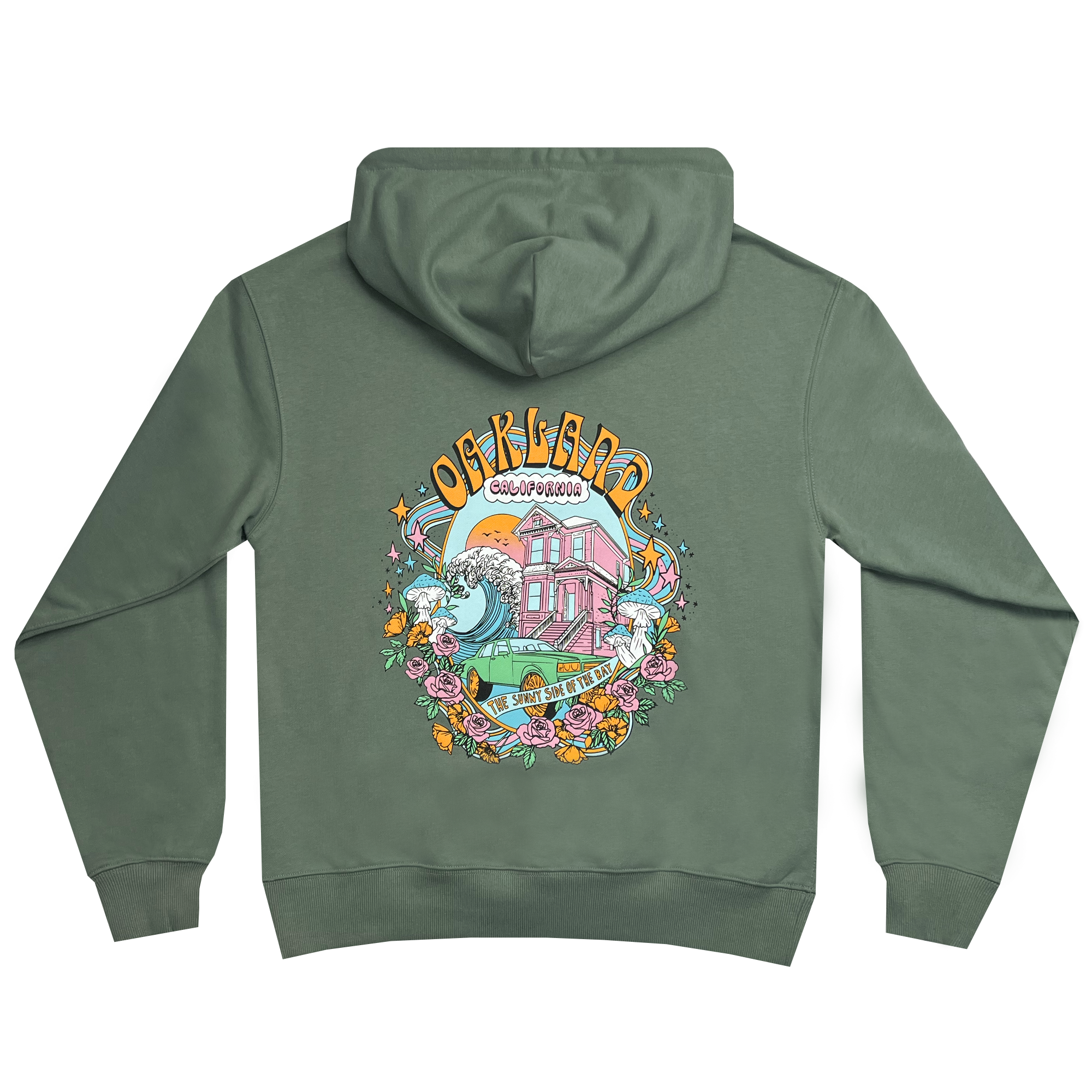 Back view of premium green hoodie with Oakland Dream design .