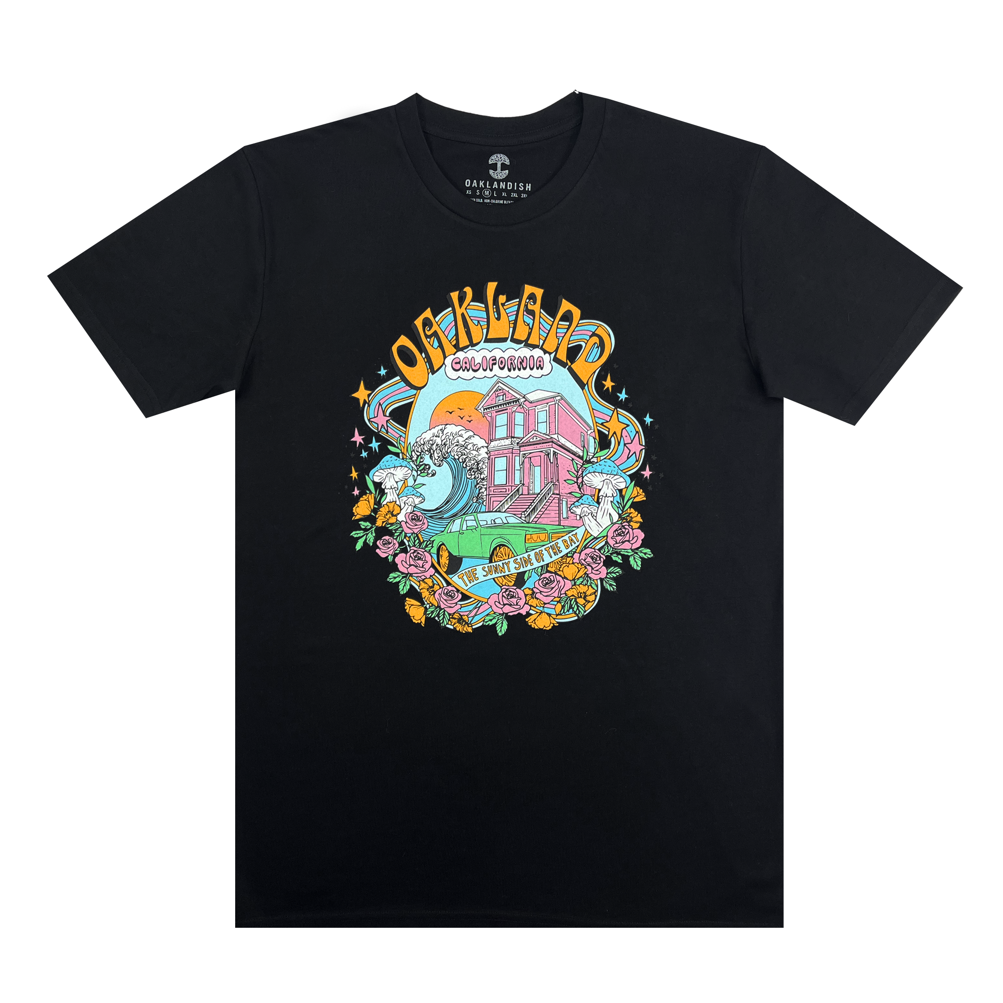 Front view of black cotton t-shirt with Oakland dream design.