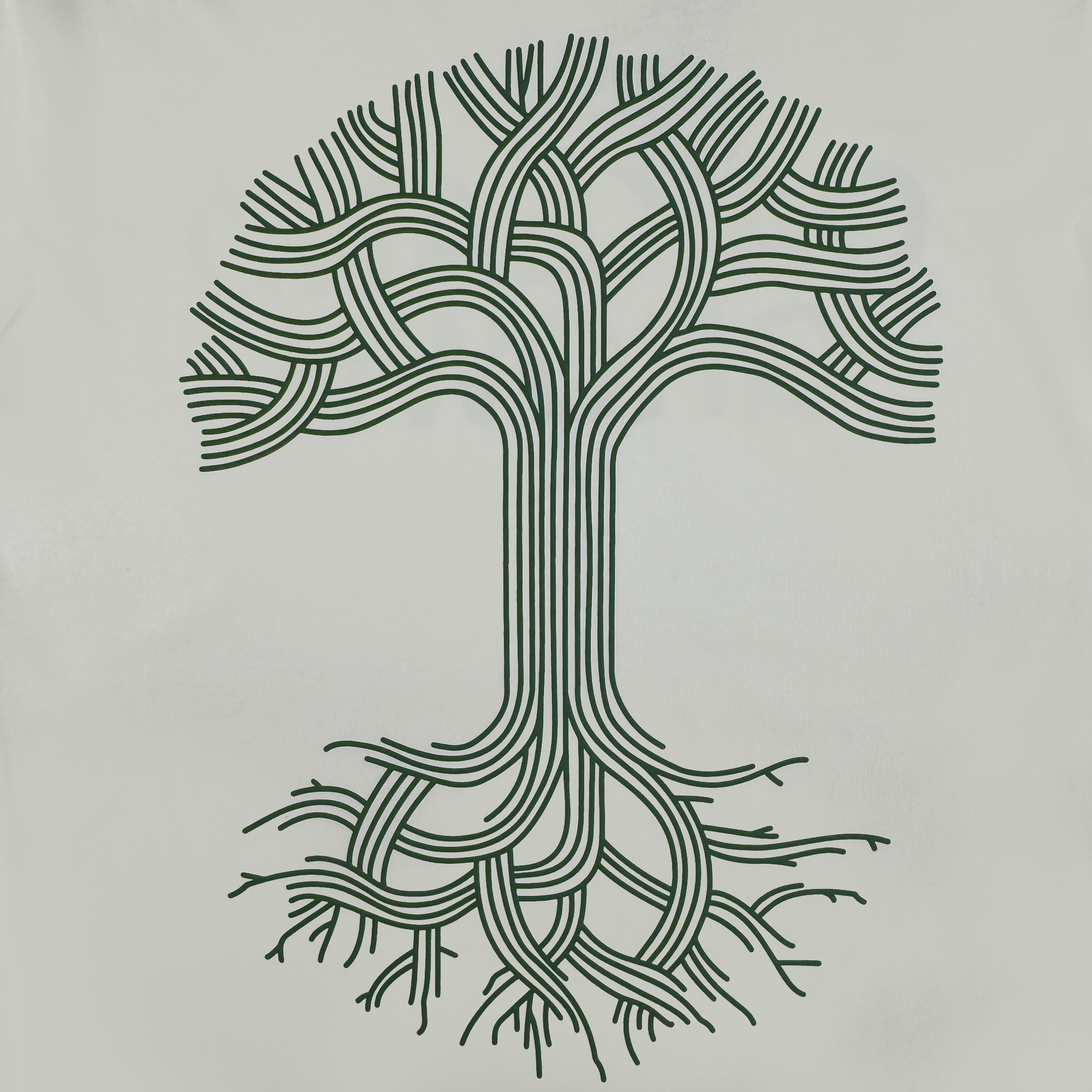 The Oakland Grown Tee by Oaklandish features a stylized tree of interwoven black lines on a white background, blending nature and geometric abstraction in a classic fit men’s t-shirt made from 100% cotton.