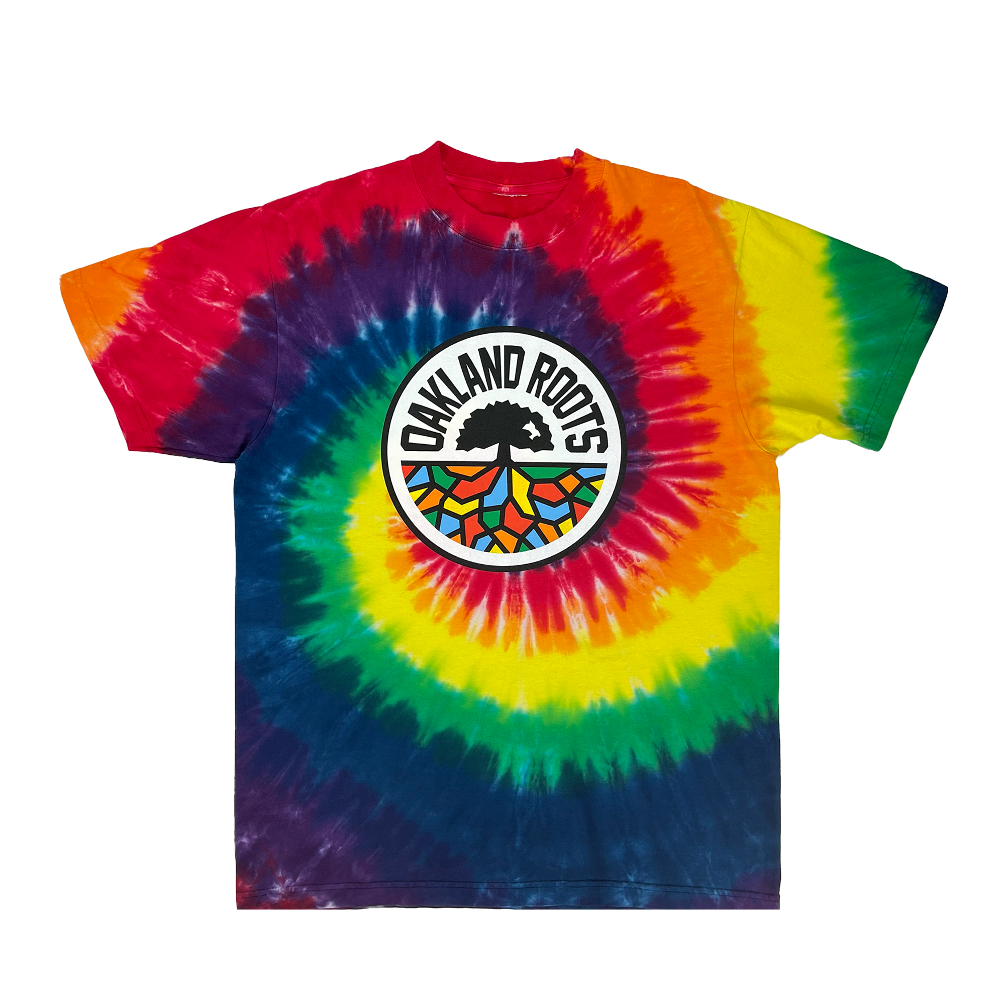 Rainbow Tie dye cotton t-shirt with Oakland Roots SC Crest.