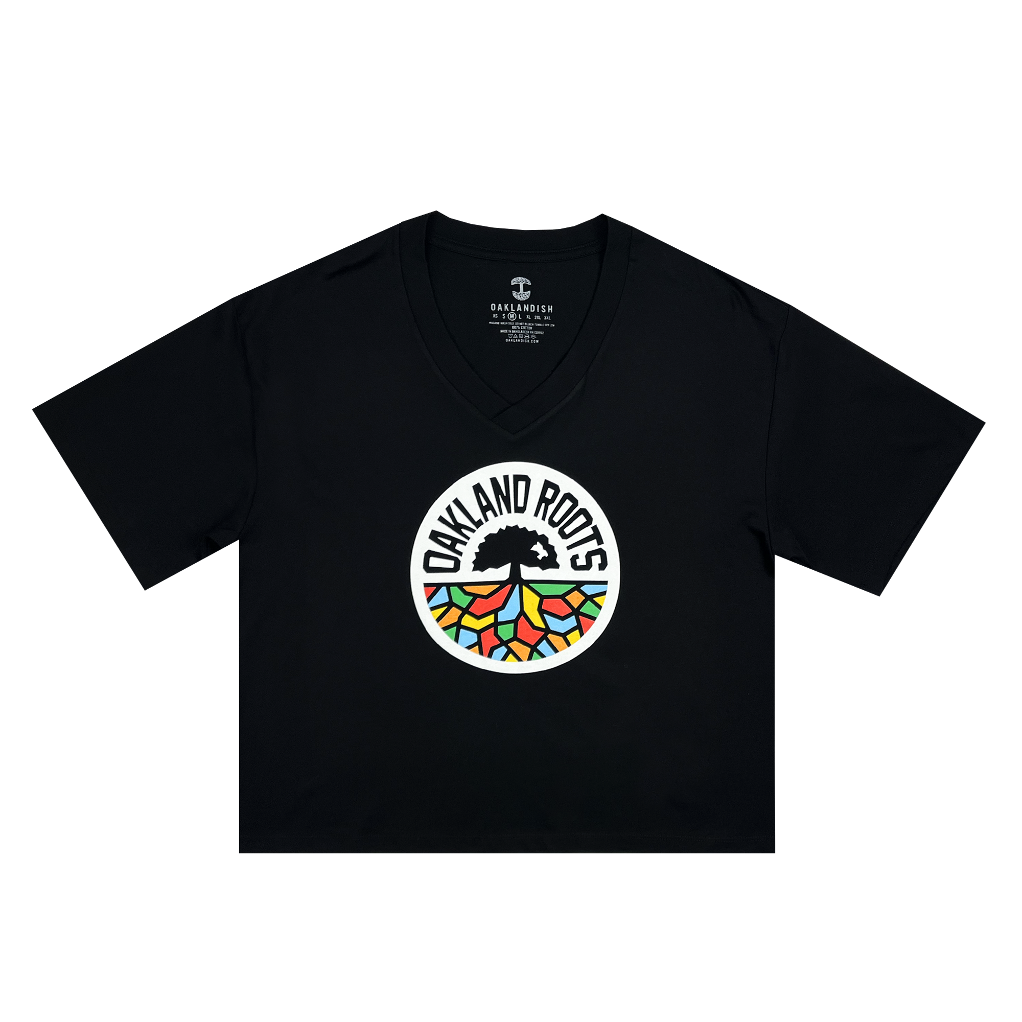 The Women's Oakland Roots SC Classic Relaxed V Neck Tee is a black V-neck T-shirt with a circular logo in the center. The logo includes the text "OAKLAND ROOTS" surrounding a tree with colorful, geometric mosaic designs as the background. Made from 100% cotton, this shirt features an inner label that reads "OAKLANDISH AMERICAN MADE.