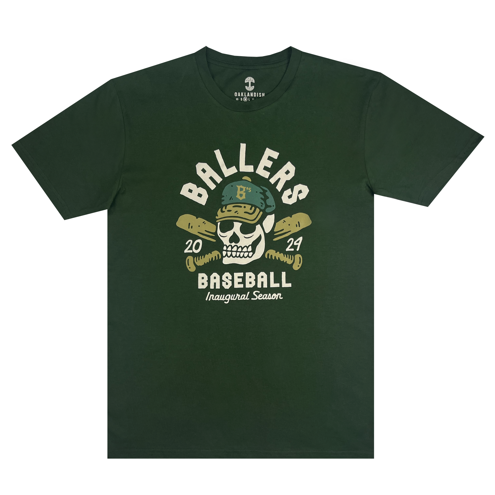 The "Oakland Til I Die Tee" by Oakland Ballers is a dark green T-shirt showcasing a graphic of a skull wearing a baseball helmet. Crossed bats and the text "BALLERS BASEBALL" encircle the skull, commemorating the Oakland Ballers' entry into professional baseball. Additional text reads "2024" with "Inaugural Season" beneath it, and the design is printed in tan and light green.