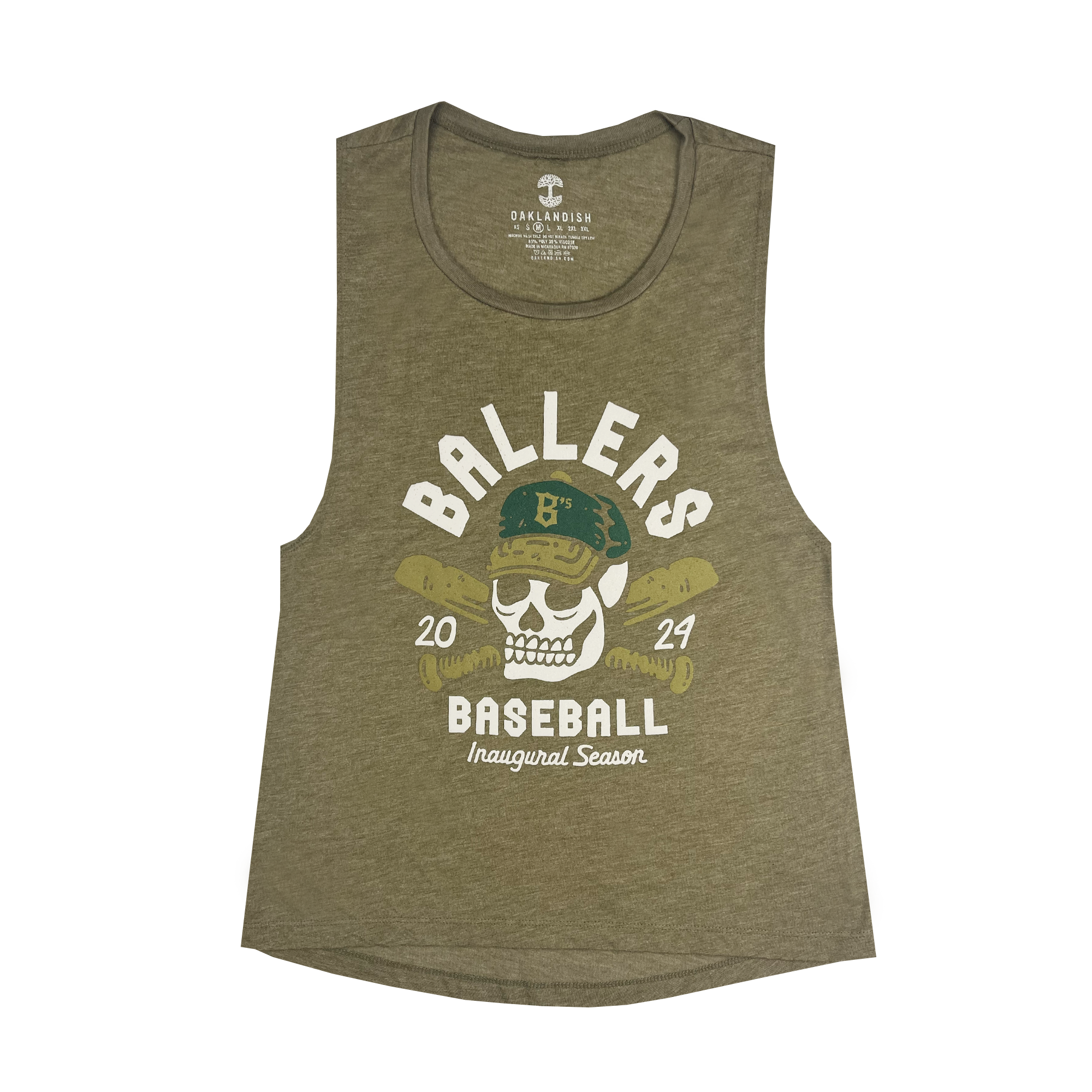 The Women's Oakland Til I Die Tank is an olive green sleeveless t-shirt that features a skull wearing a baseball cap with two crossed baseball bats underneath. "Oakland Ballers" is written around the skull, along with "2024" and "Inaugural Season" beneath it. This shirt proudly represents Oakland's new pro baseball team and showcases the iconic "Oaklandish" brand logo at the top.