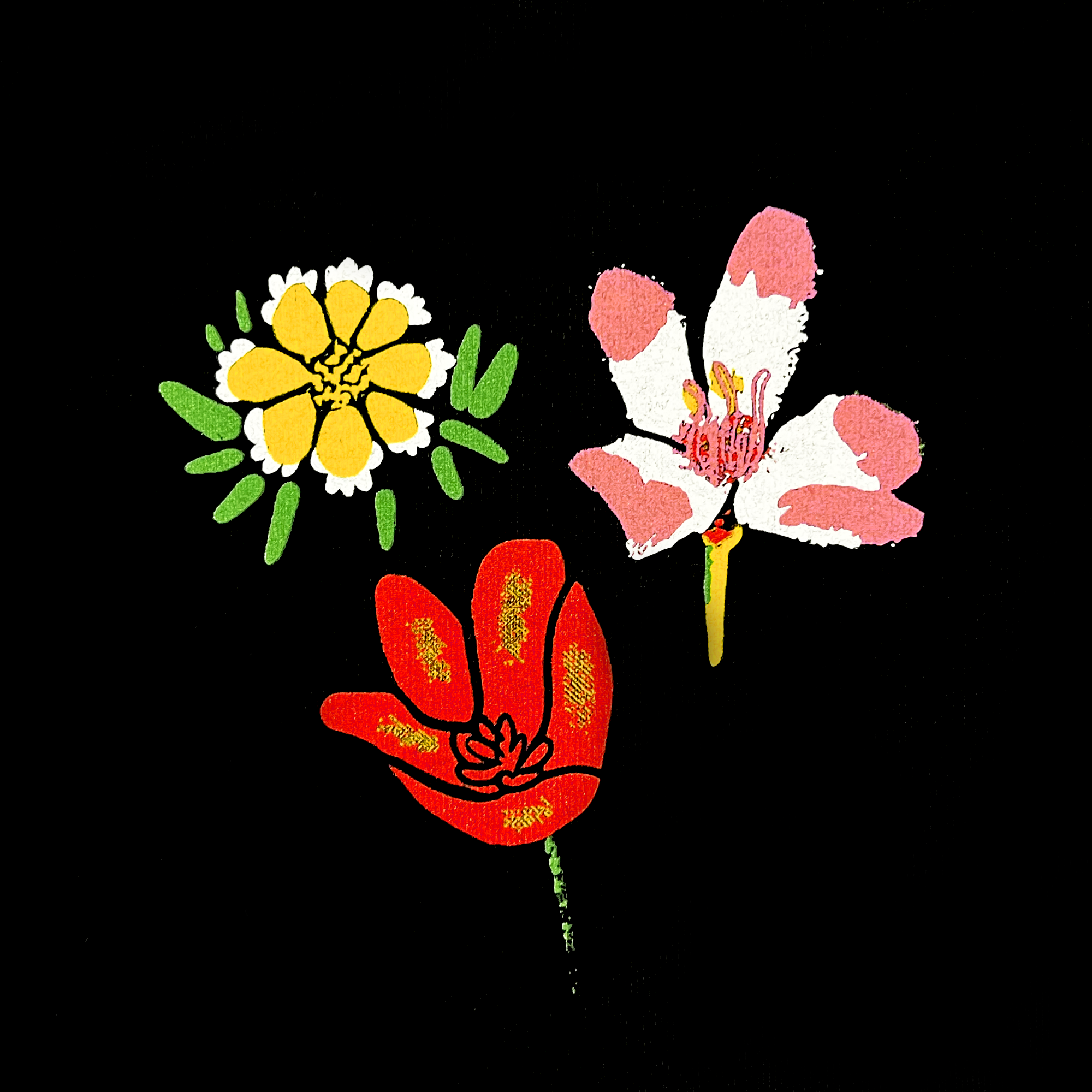 A digital illustration for the men's collection features three colorful flowers against a black background. The flowers—depicted in bright yellow with green leaves, pink and white petals with a yellow center, and vibrant red petals with a green stem—appear distinct and stylized. This Oakland Wildflowers design by Oaklandish is perfect for a classic fit t-shirt.