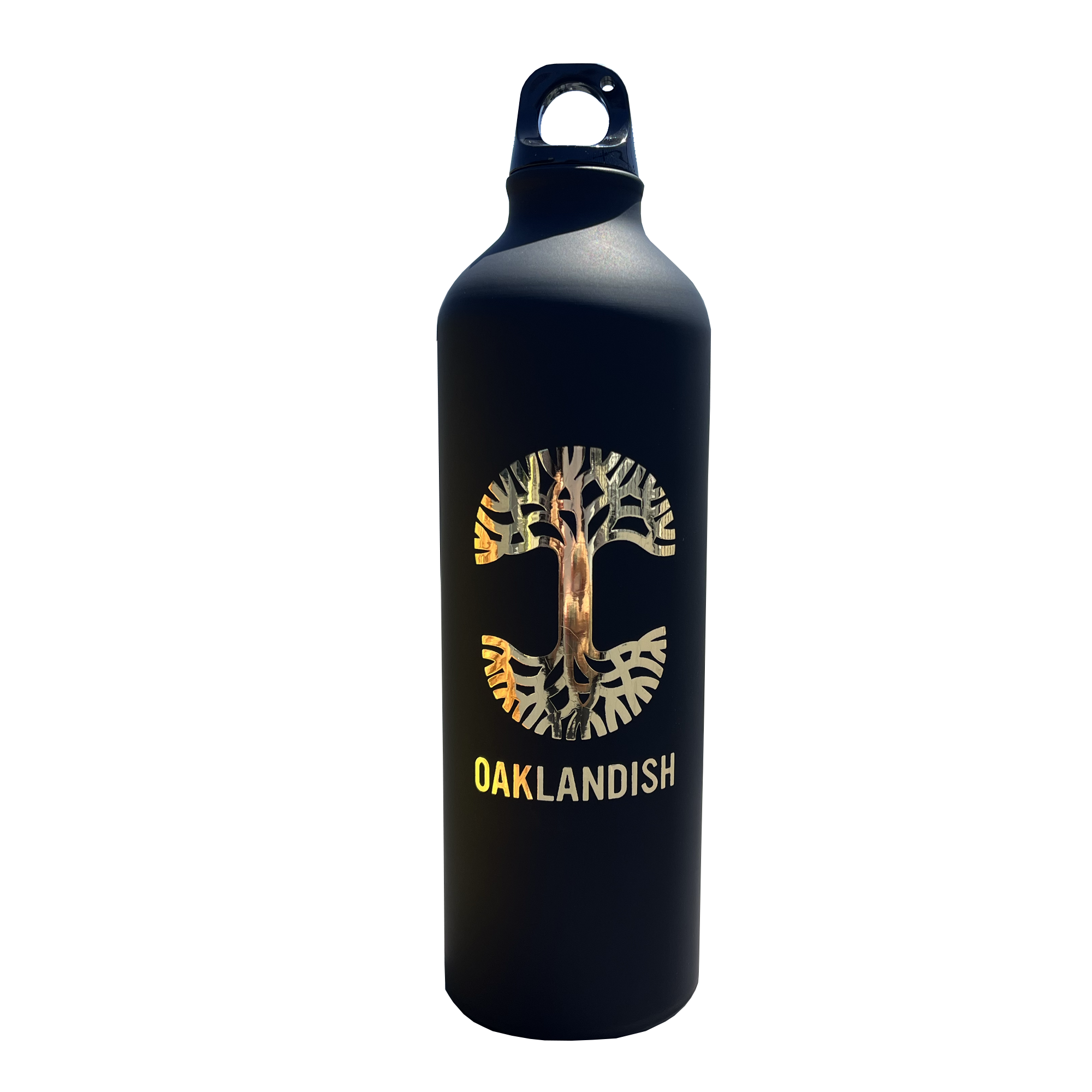 The Oaklandish Logo Aluminum Water Bottle by Oaklandish is crafted from single-wall aluminum and features a striking black exterior. The front showcases the iconic Oaklandish tree logo nestled within a circular "C" shape, along with "OAKLANDISH" boldly displayed beneath in uppercase white letters. It comes with a convenient looped handle cap for easy carrying, set against a plain white background.