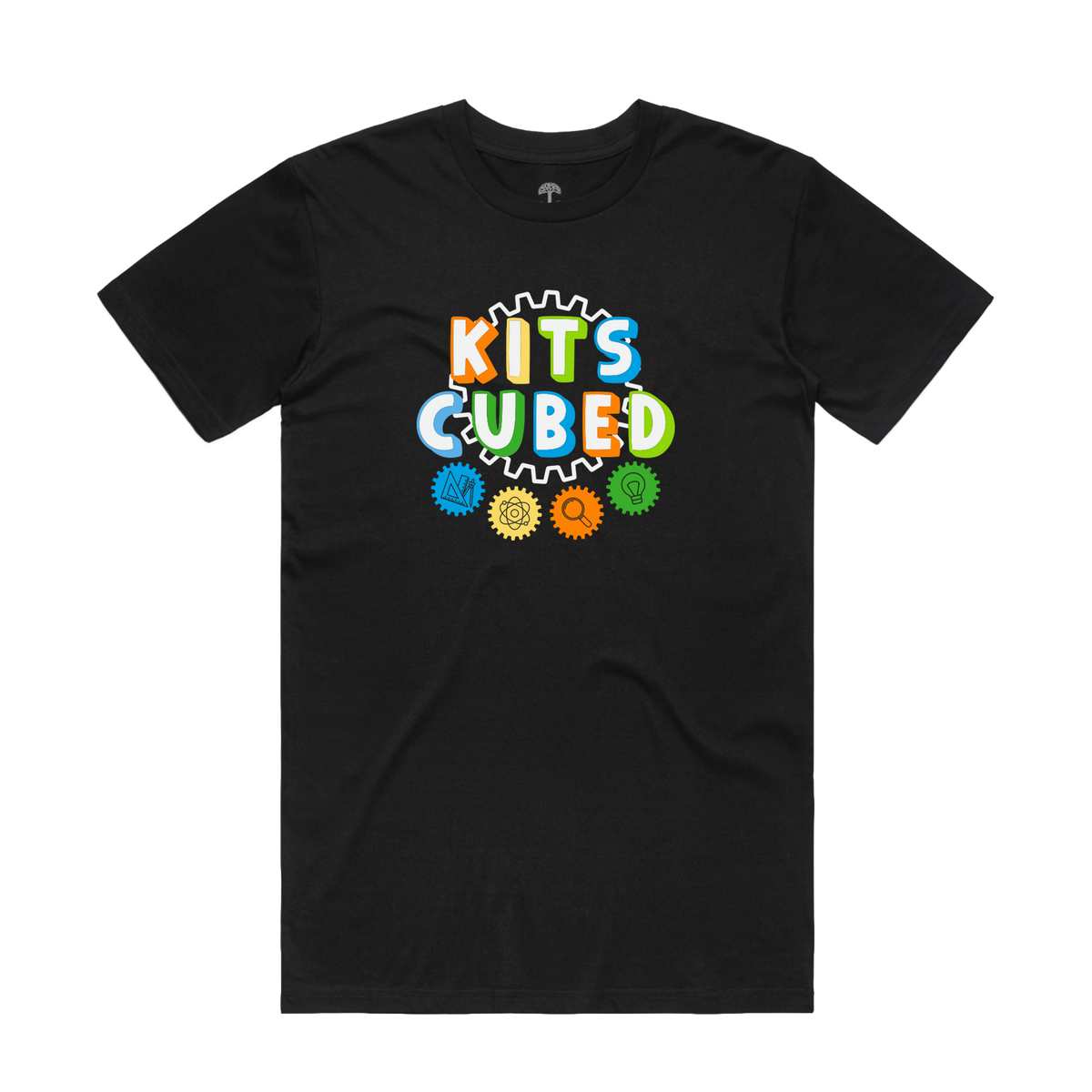 Show off your support for Kits Cubed or Oakland Technical High School with the Kits Cubed STEM Fair Celebration tee by Oaklandish. This black T-shirt features “KITS CUBED” in vibrant, white-outlined letters arranged around a gear motif—a nod to the creativity of STEM Fair events. Below, three smaller gears in yellow, blue, and orange sit alongside a larger green gear, all aligned horizontally for a colorful finish.